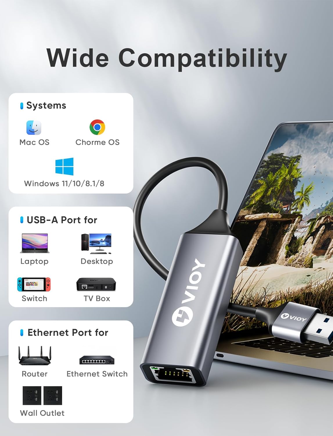 VIOY USB 3.0 to Ethernet Adapter, 10/100/1000Mbps RJ45 LAN Network Port, Drive Free USB A Ethernet Dongle Adapter for Nintendo Switch, Laptop, MacBook, Surface, PC, Windows, Linux