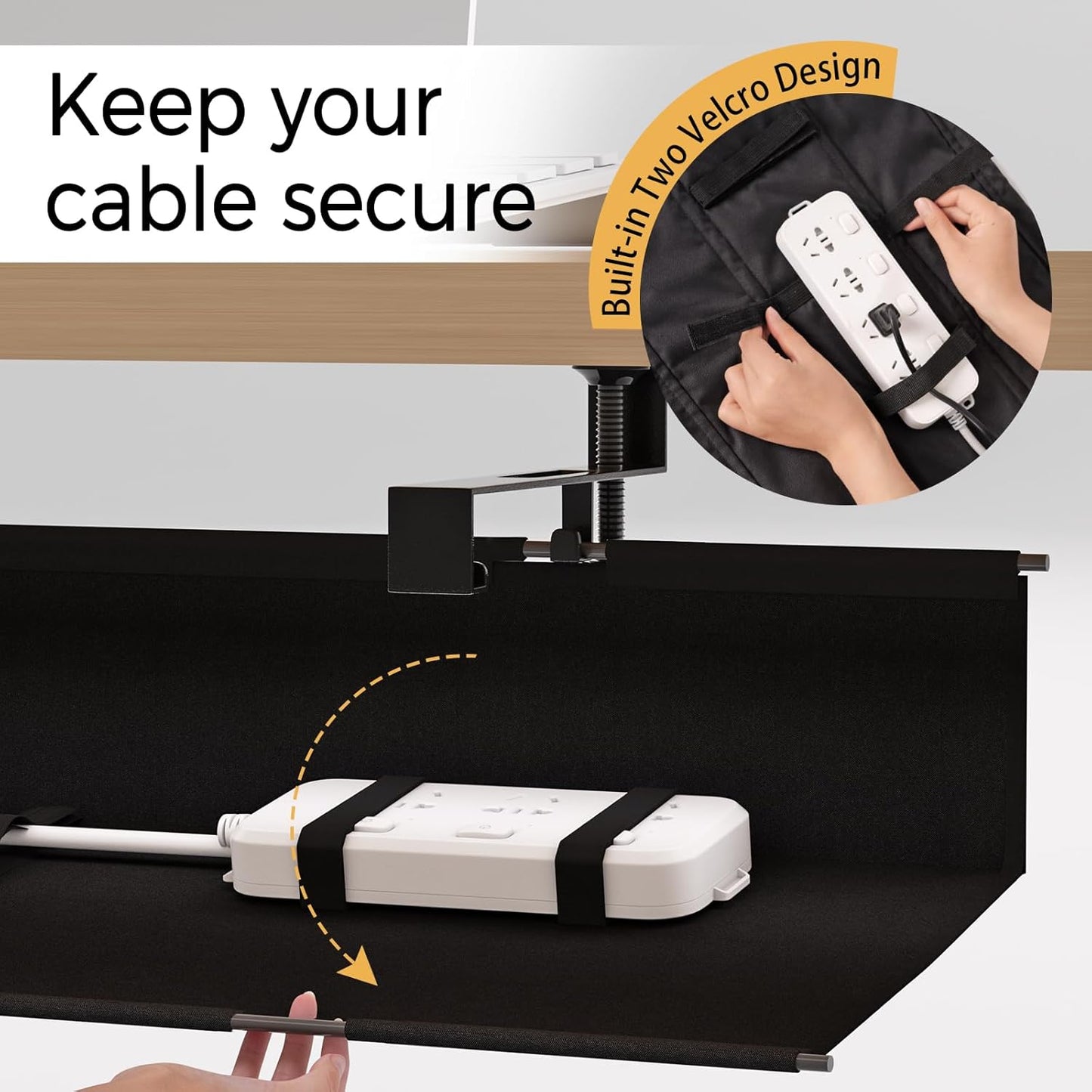 Under Desk Cable Management Tray 15.7" - No Drill Computer Wire Organizer Cable Tray, Cord Hider Clamp Mount with 16X Cable Ties PC Cables Management Cord Holder for Office/Home (Upgrade Fabric,Black)