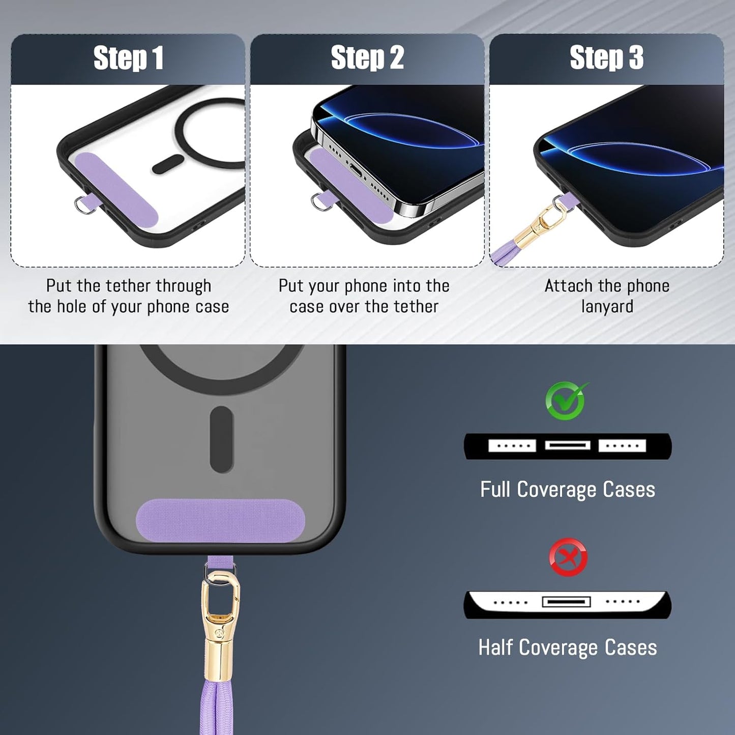 Phone Lanyard 2 Pack, 2x Adjustable Crossbody Phone Strap, 2x Tether Tab, Anti-theft Universal Cellphone Multifuctional Patch Lanyards for iPhone & Most Smartphones, Silver Grey + Purple