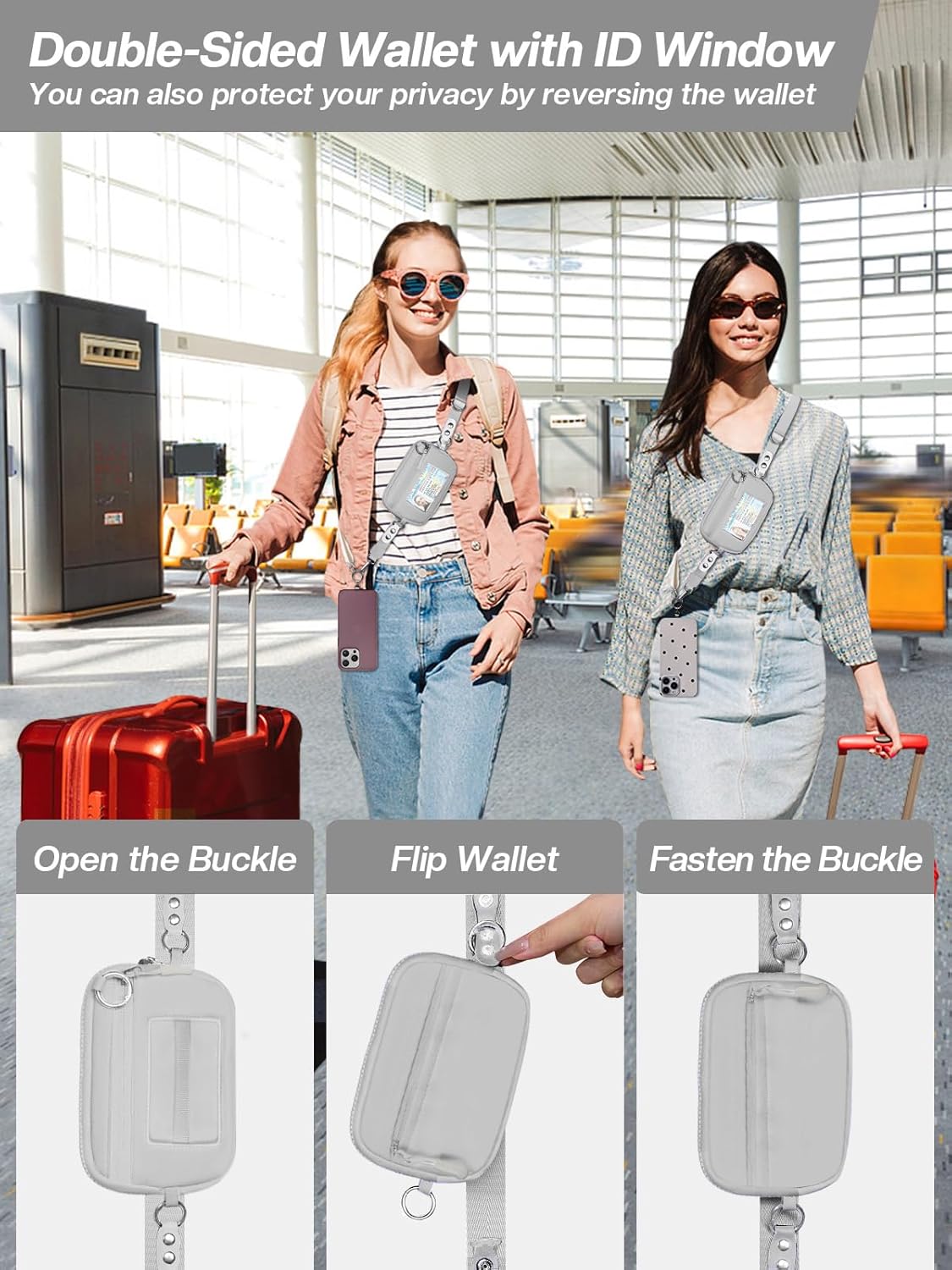 Clip and Go Strap for Phone with Wallet Crossbody Phone Lanyard Adjustable and Detachable RFID Wristlet Wallet with ID Window and Zipper, Grey