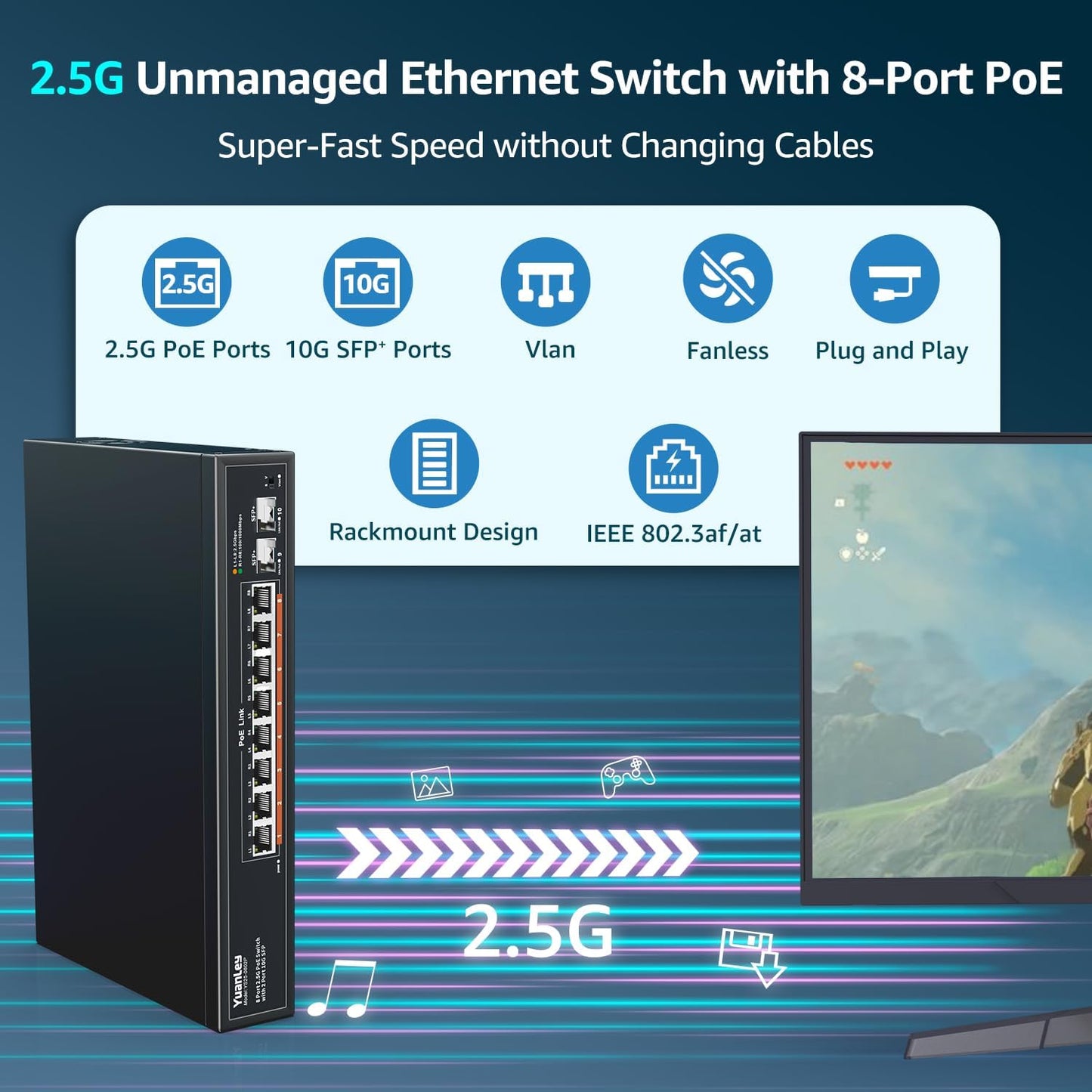 YuanLey 10 Port 2.5G PoE Switch Unmanaged, 8 x 2.5G Base-T PoE Ports, 2 x 10G SFP, IEEE802.3af/at, 120W, Compatible with 100/1000/2500Mbps, Metal Fanless, Desktop/Rack Mount 2.5Gbe Network Switch