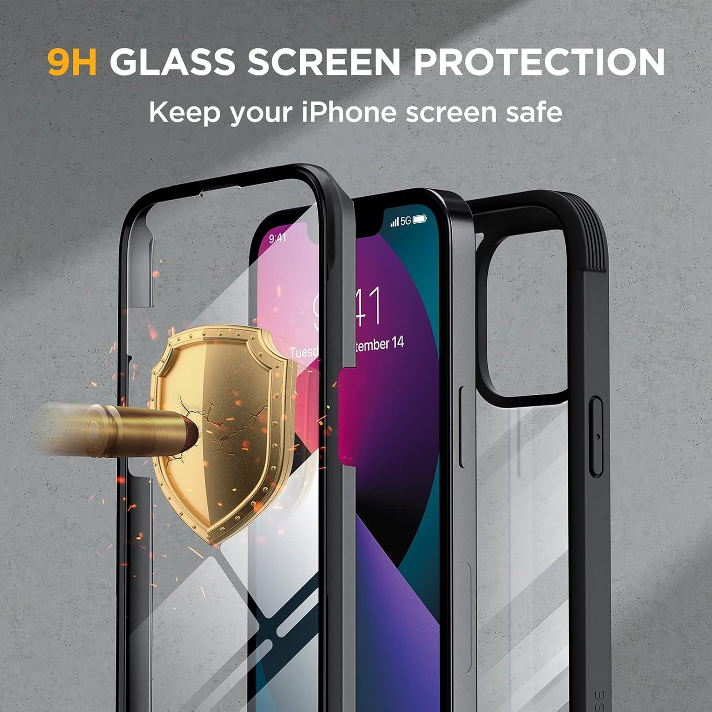 Miracase Compatible with iPhone 13 case 6.1 inch, 2021 Upgrade Full-Body Glass Clear Case Bumper Case with Built-in 9H Tempered Glass Screen Protector for iPhone 13,Black