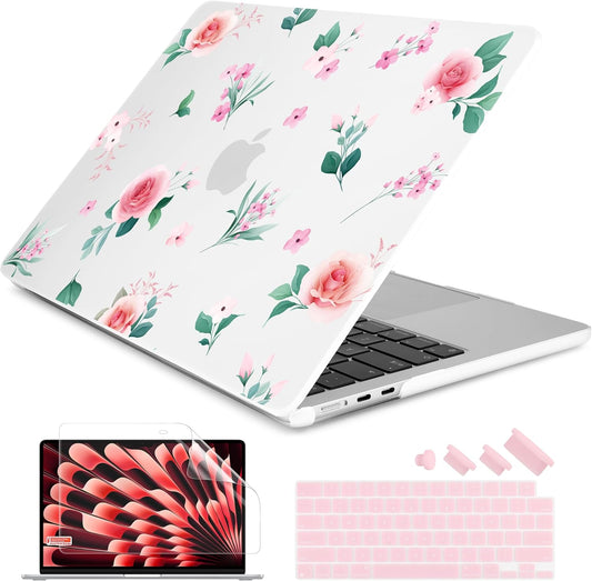 Batianda Premium Case for New MacBook Air 15 inch 2025 M4 2024 2023 with M3 M2 Chip, Floral Designed Protective Plastic Hardshell & Keyboard Cover & Screen Protector, Spring Flowers, Peach Rose