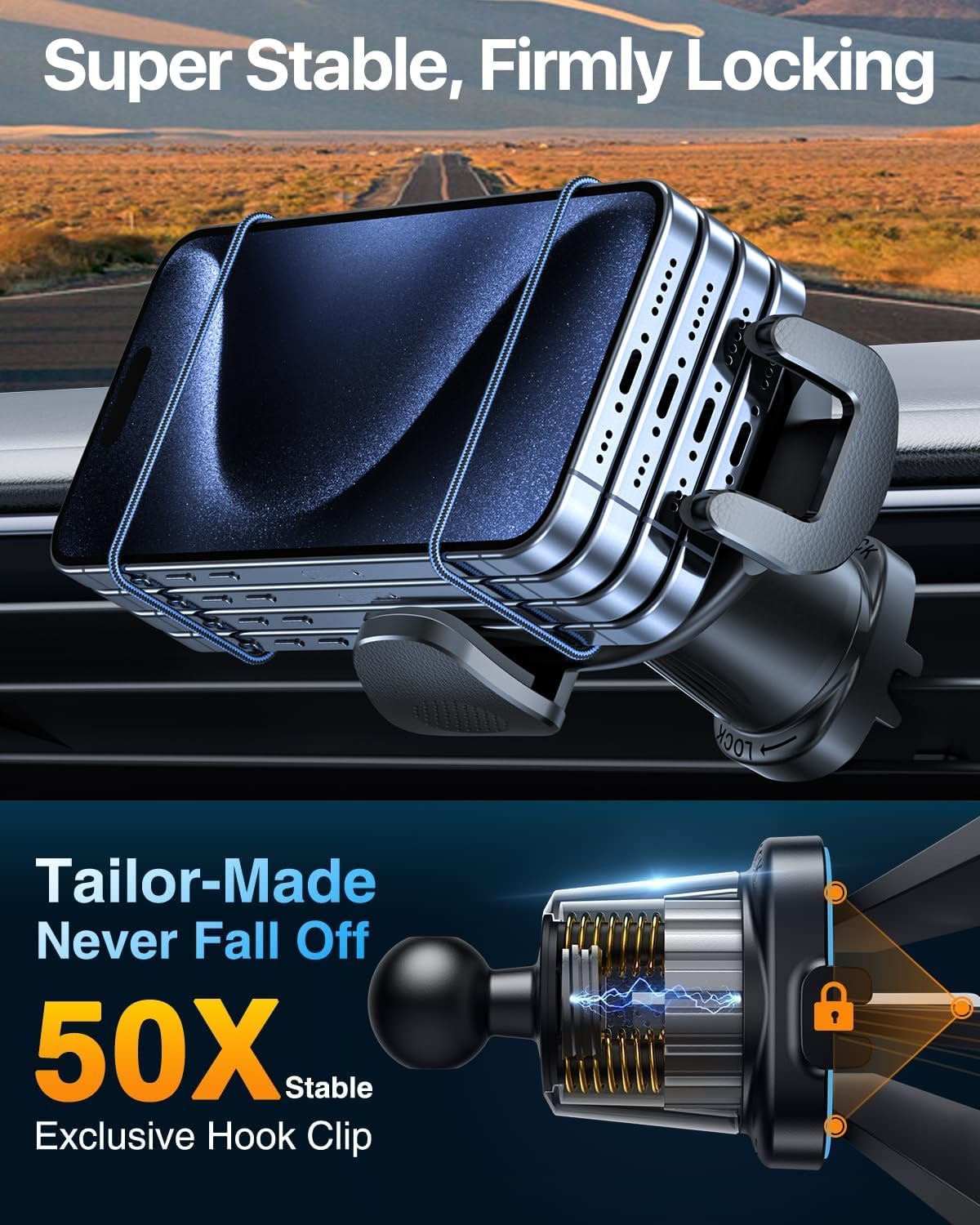 YRU Car Phone Holder [2025 Upgraded Metal Hook Clip], Phone Holders for Your Car [No Fear of Bumps] Air Vent Cellphone Mount Widely Compatible with iPhone16 15 14 13 12 Samsung Android, Grey