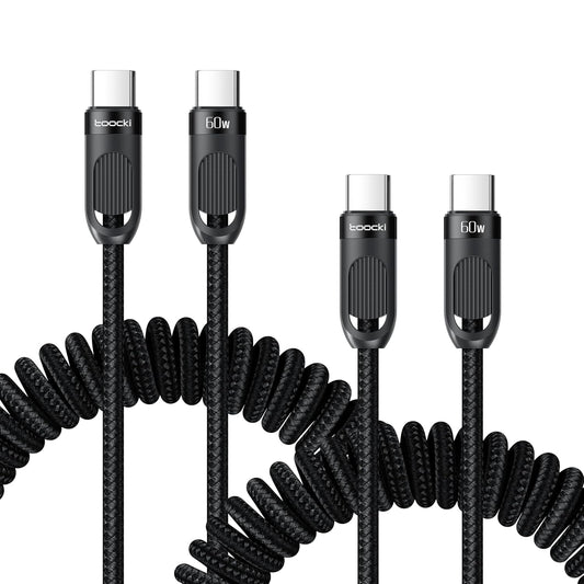 Coiled USB C to USB C Cable 2Pack 3FT Braided Retractable Fast Charging Cable for Car, Compatible with iPhone 16/15 Pro Max/Galaxy S24/S23/S22, Supports Car Play & Android Auto-Black