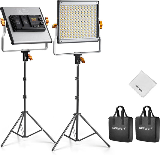NEEWER 2 Pack Bi Color Dimmable 480 LED Video Light Kit, 28W 3200-5600K CRI96+ LED Panel with U Bracket 75" Tripod Stand Cleaning Cloth Bag, YouTube Recording Studio Photography Streaming Key Lighting