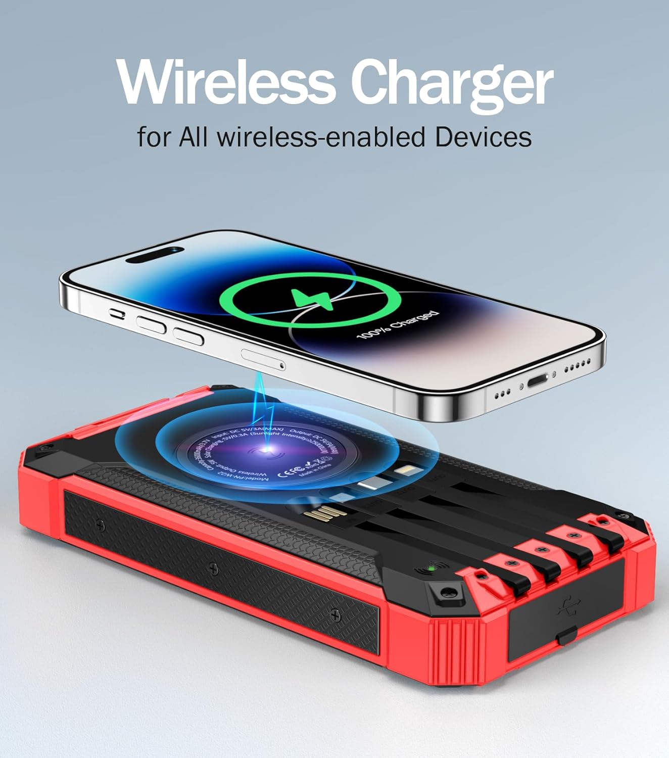 GOODaaa Power Bank Wireless Charger 36000mAh Built in 4 Cables Six Outputs 15W Fast Charging Power Bank for All Mobile Devices Three Inputs Solar Portable Charger with Dual Flashlights, Carabiner