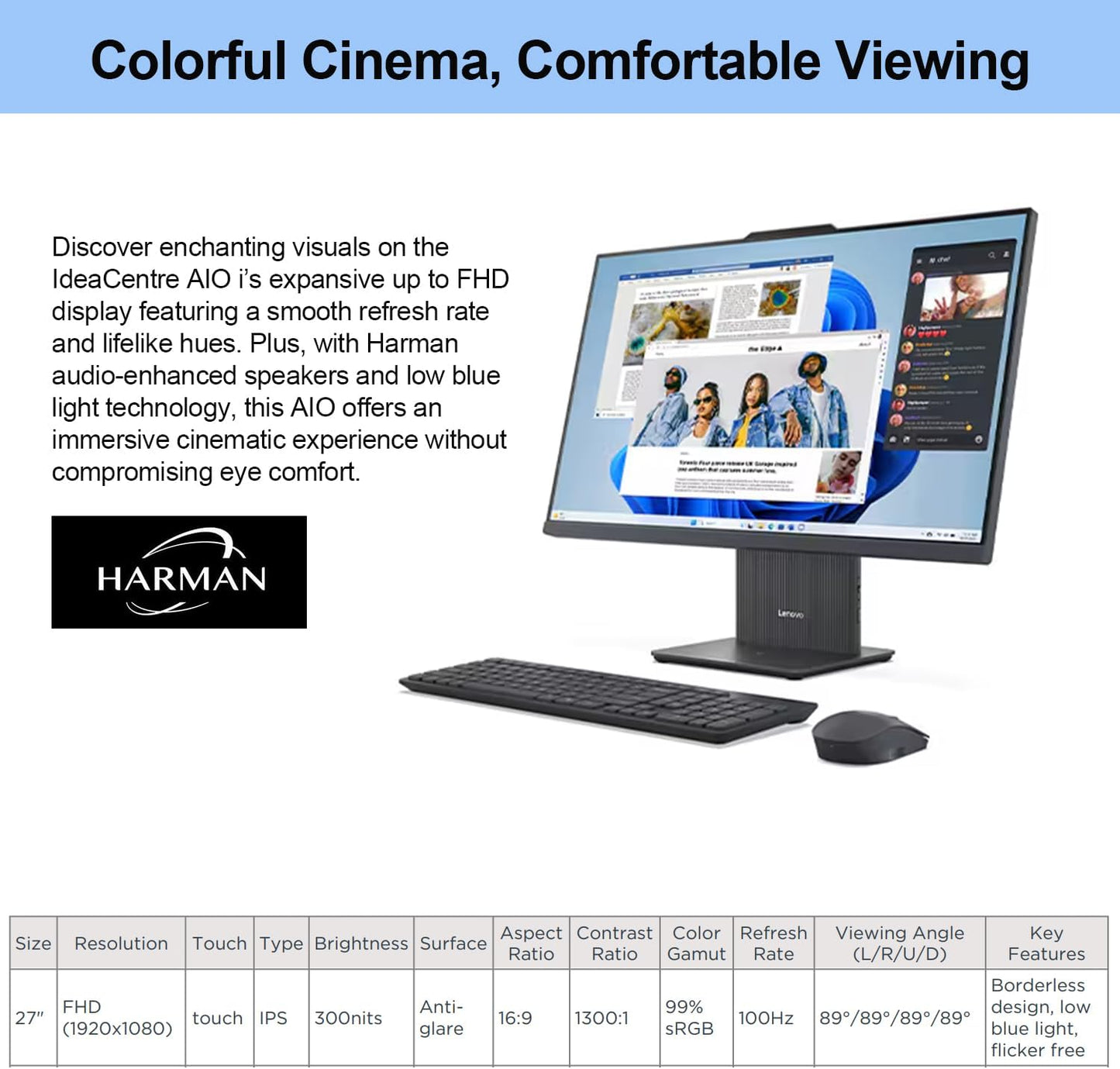 Lenovo 2024 IdeaCentre I Business All-in-One, 27" FHD Touchscreen 100Hz, i5-13420H, 16GB DDR5 RAM, 1TB SSD, Wireless Charging Base, Wireless KB & Mouse, Wi-Fi 6, Windows 11 Pro, Grey