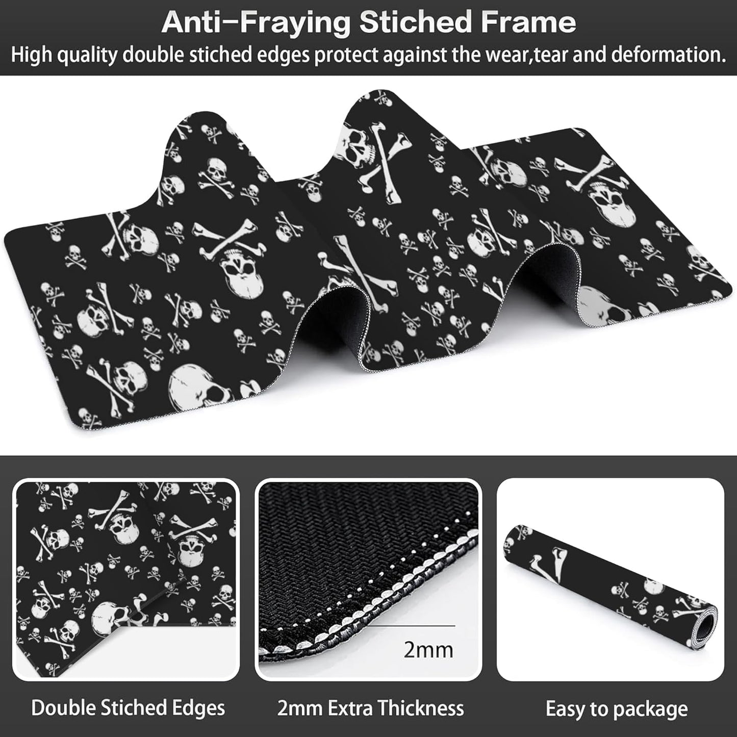 Skull Head Desk Mat,Large Pirate Skull Crossbones Gaming Keyboard Mouse Pad,Non-Slip Rubber Base Desk Pad Thick Stitched Edges Waterproof Mousepad Mouse Mat 31.5"x11.8"