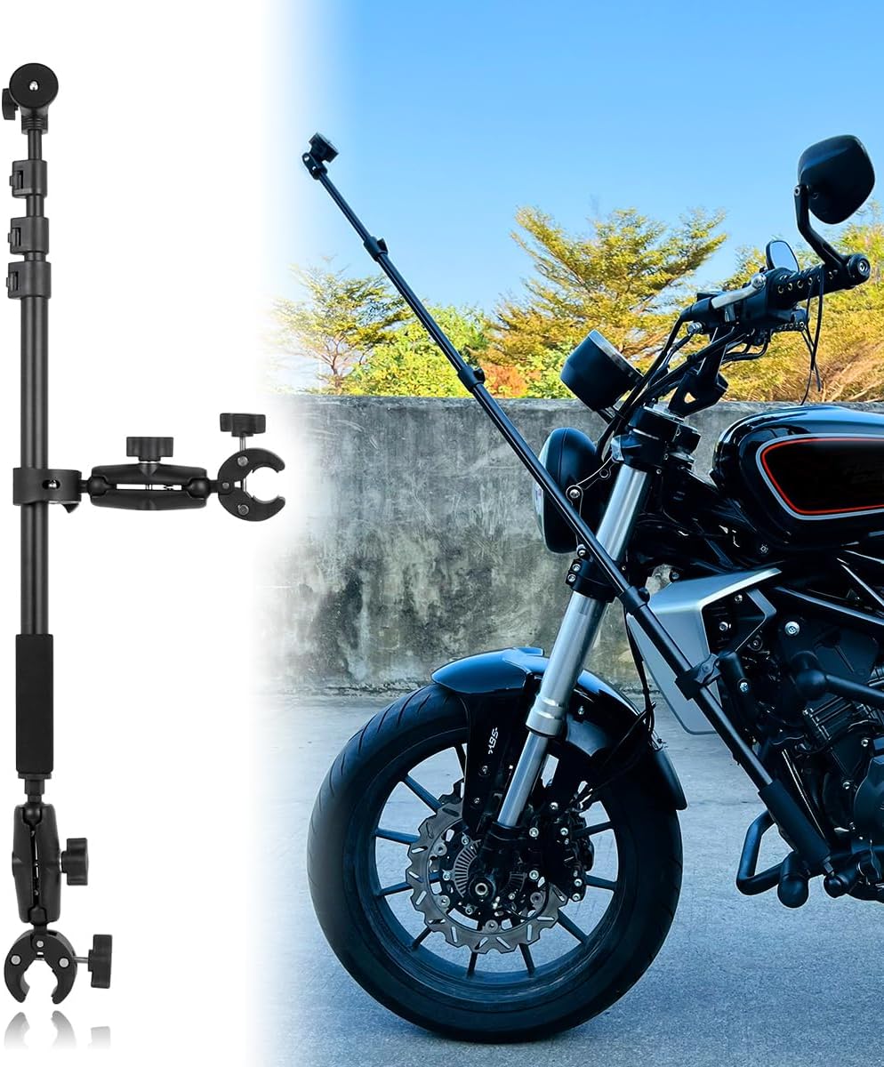 Motorcycle Bike Handlebar Double clamp Mount Invisible Selfie Stick Super Camera Clamp 360°Rotating Extendable Ballhead Magic Arm 60'' for Insta360 ONE X3 X2 X RS R Go 2 3 Action Camera, Black