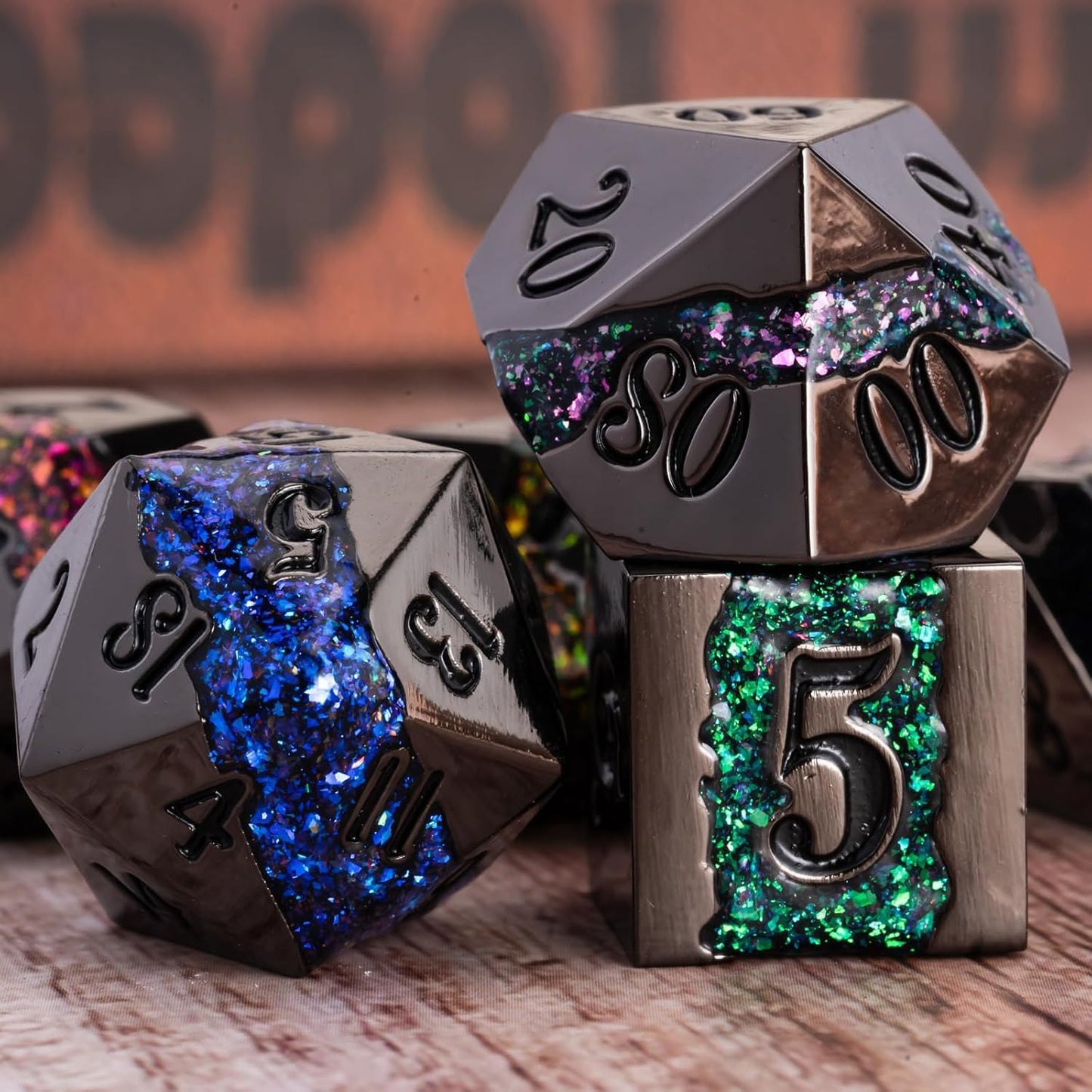 D&D Dice Set Metal,Large Striped Glitter Dice Set.RPG Polyhedral Dice 7pcs Set