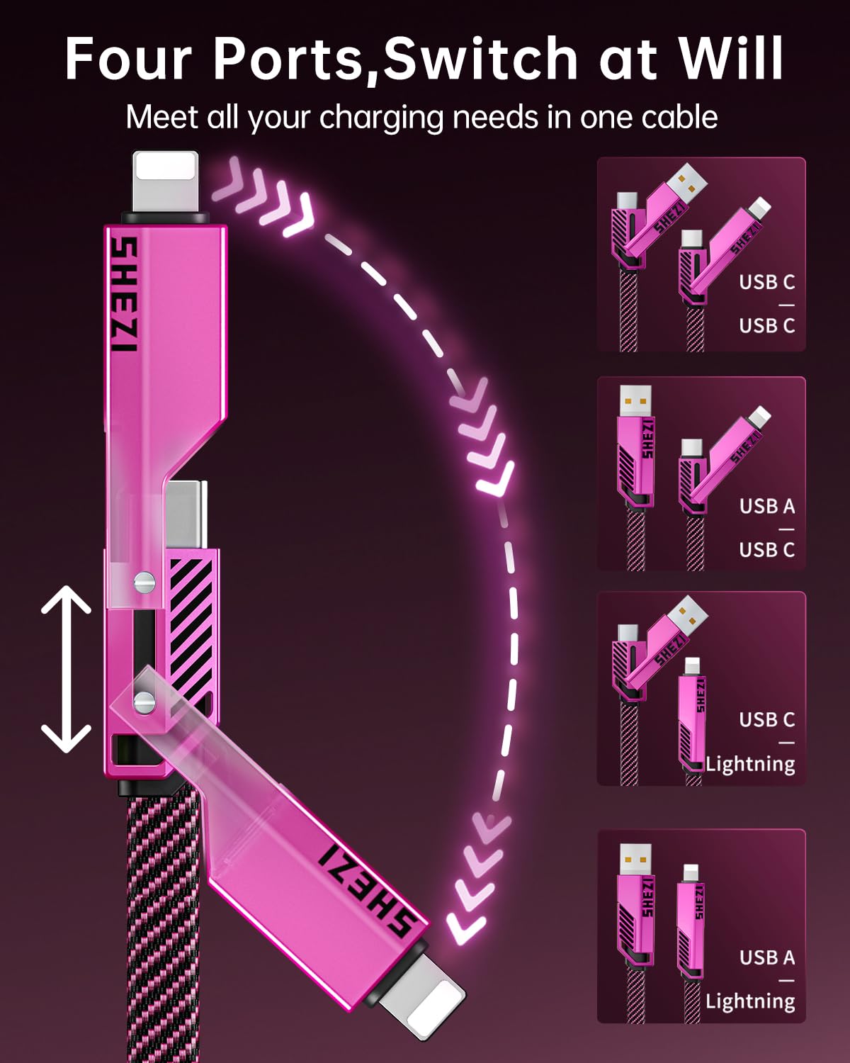 SHEZI [Upgraded 2.0] 4-in-1 USB C Cable 60W 5FT Fast Charging [480Mbps Data Transfer] Flat Nylon Braided Charger Cord Combo, USB A/C to C/L Multi Charge Cable for iPhone/iPad & Most Devices, Pink
