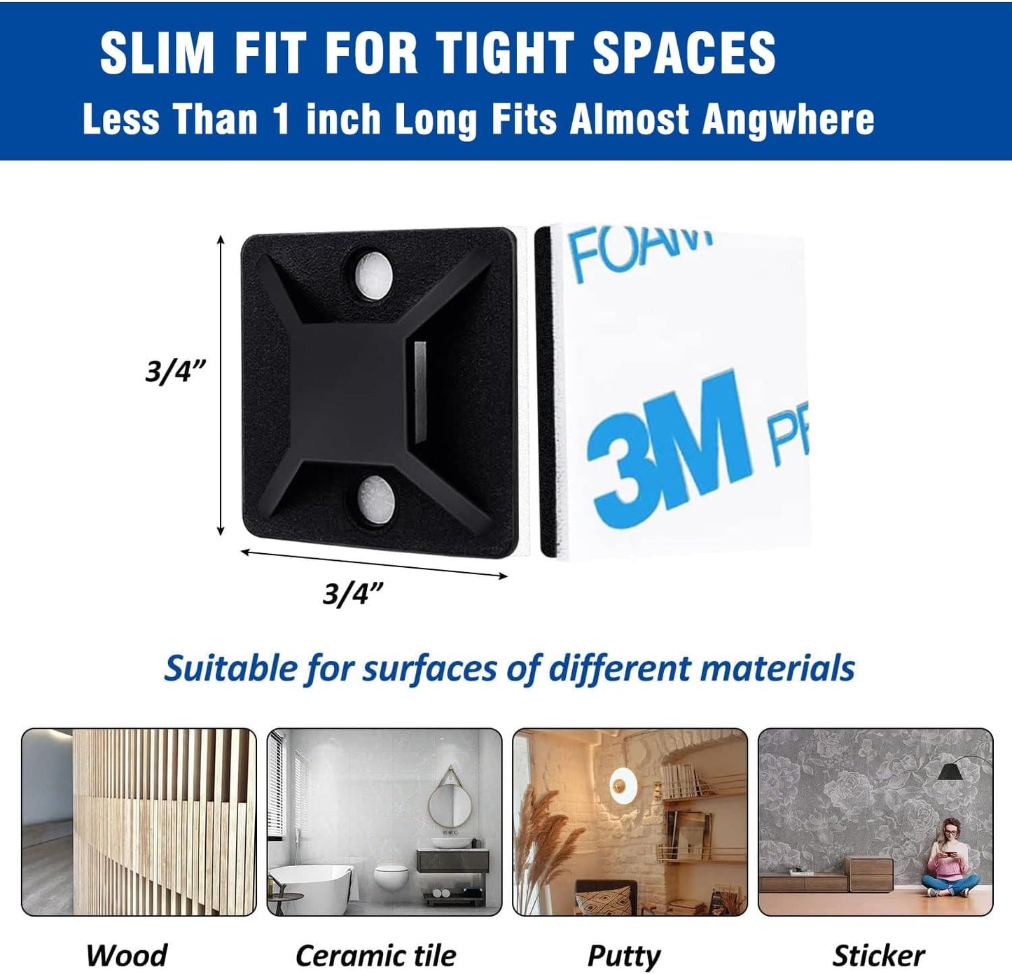 Cable Management Kit - 100 Set Adhesive Cable Zip Tie Mounts with 8" Zip Ties | UV Resistant Wire Organizers for Indoor/Outdoor Use-Black