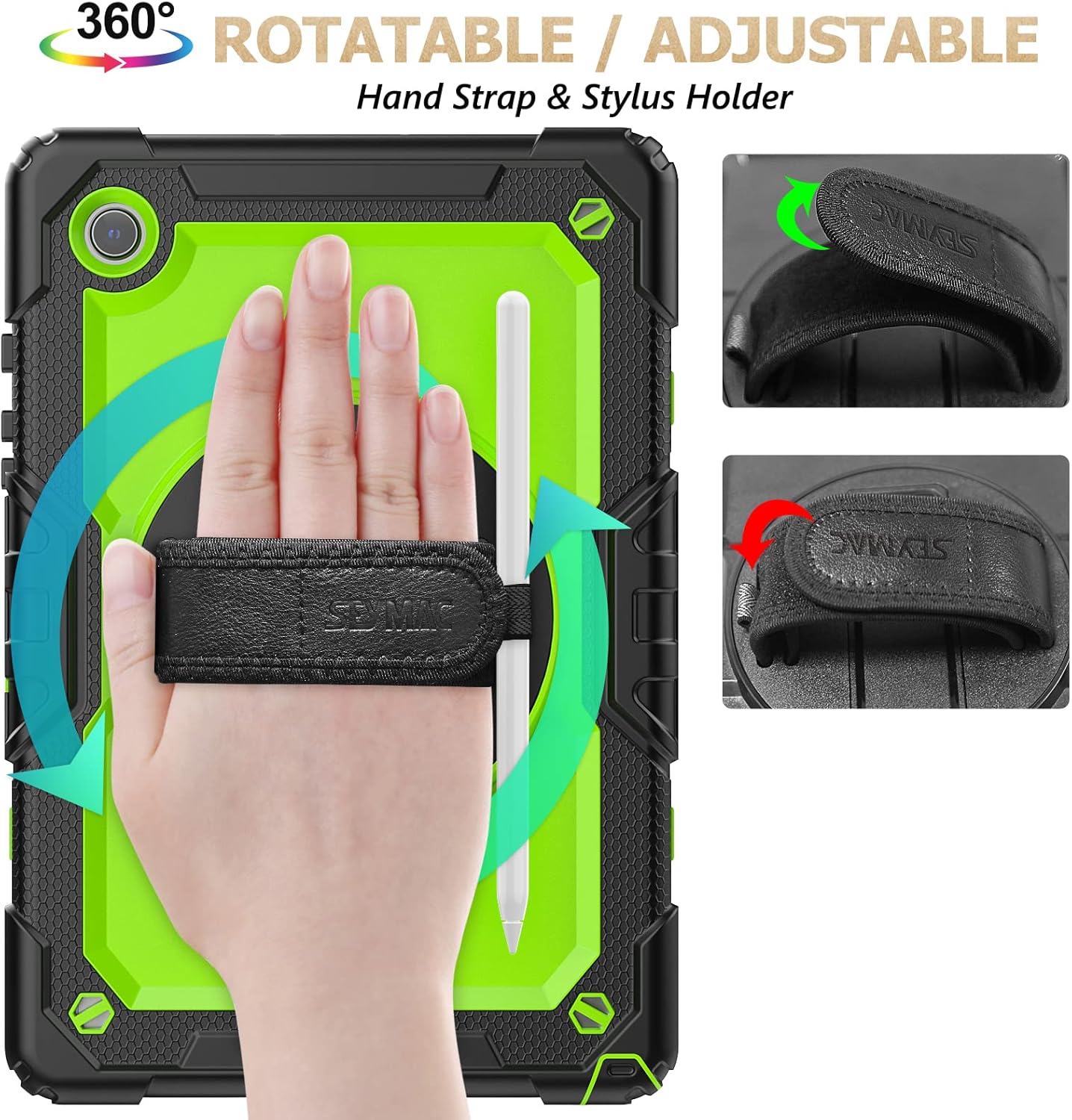 SEYMAC stock Case for Samsung Galaxy Tab A9+ Plus 11'', Full-Body Drop Protection Case with Screen Protector Pencil Holder [360° Rotating Hand Strap] &Stand, Green+Black