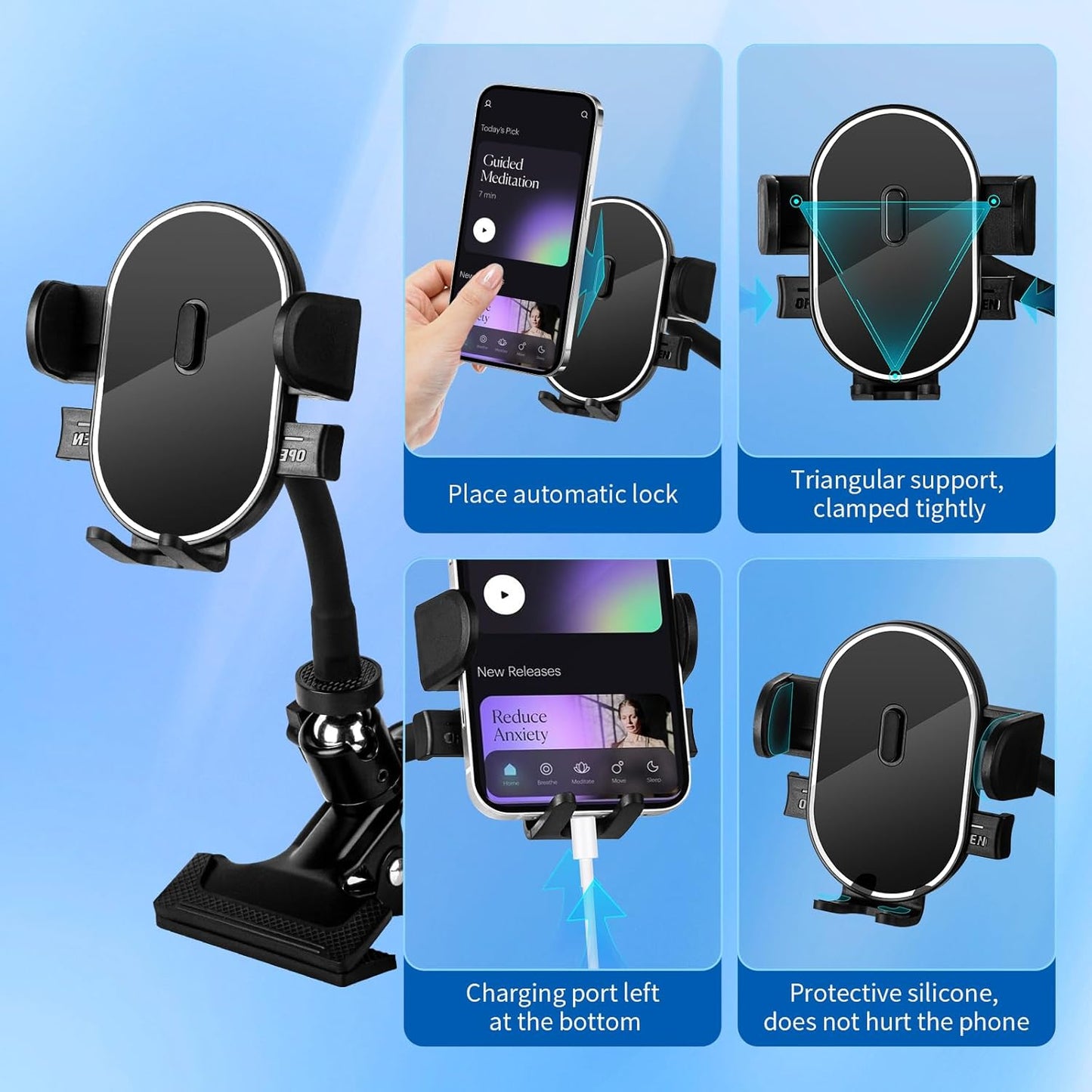 ROCKFREE Clip Phone Holder with 360° Gooseneck Arm & Auto-Locking Clamp,Short/Medium/Long Arm Options for Desk, Mic Stand, Table,Treadmill – Fits 4-7" Smartphones(Short-3.9 inch Arm)