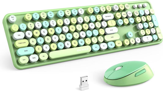 KNOWSQT Wireless Keyboard and Mouse Combo, Green Colorful 2.4G Typewriter Full-Size Retro Keyboards - USB Receiver Plug and Play, for Computer, PC, Laptop, Desktop, Windows