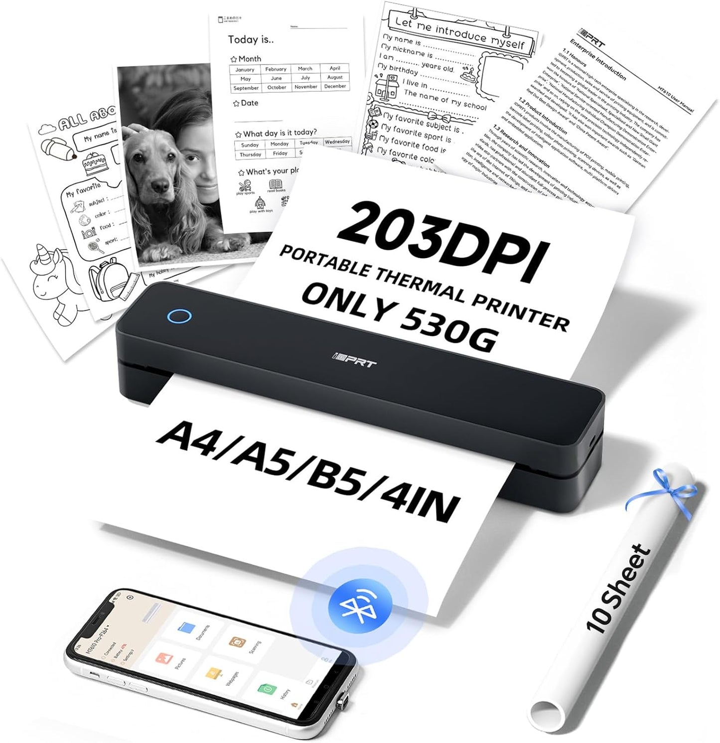 iDPRT Inkless Portable Printer for Travel, Mobile-Thermal-Printers, Wireless-Small-Printer for Home Use, Office, Vehicles, Bluetooth Printers Supports 8.5" x 11" US Letter & A4 & A5 Size, Black
