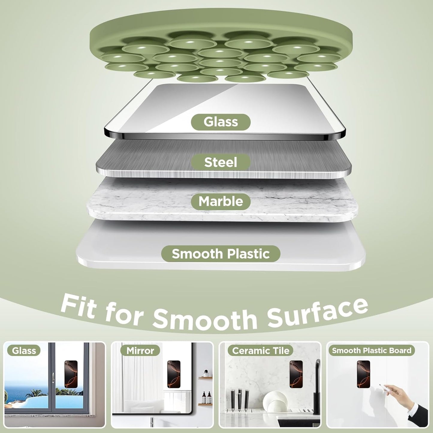 Magnetic Suction Cup Phone Mount for MagSafe Case, Silicone Hands-Free Grip Holder for iPhone and Android, Mirror Shower Phone Stand for Makeup FaceTime Gym Kitchen Bathroom, Tea Green