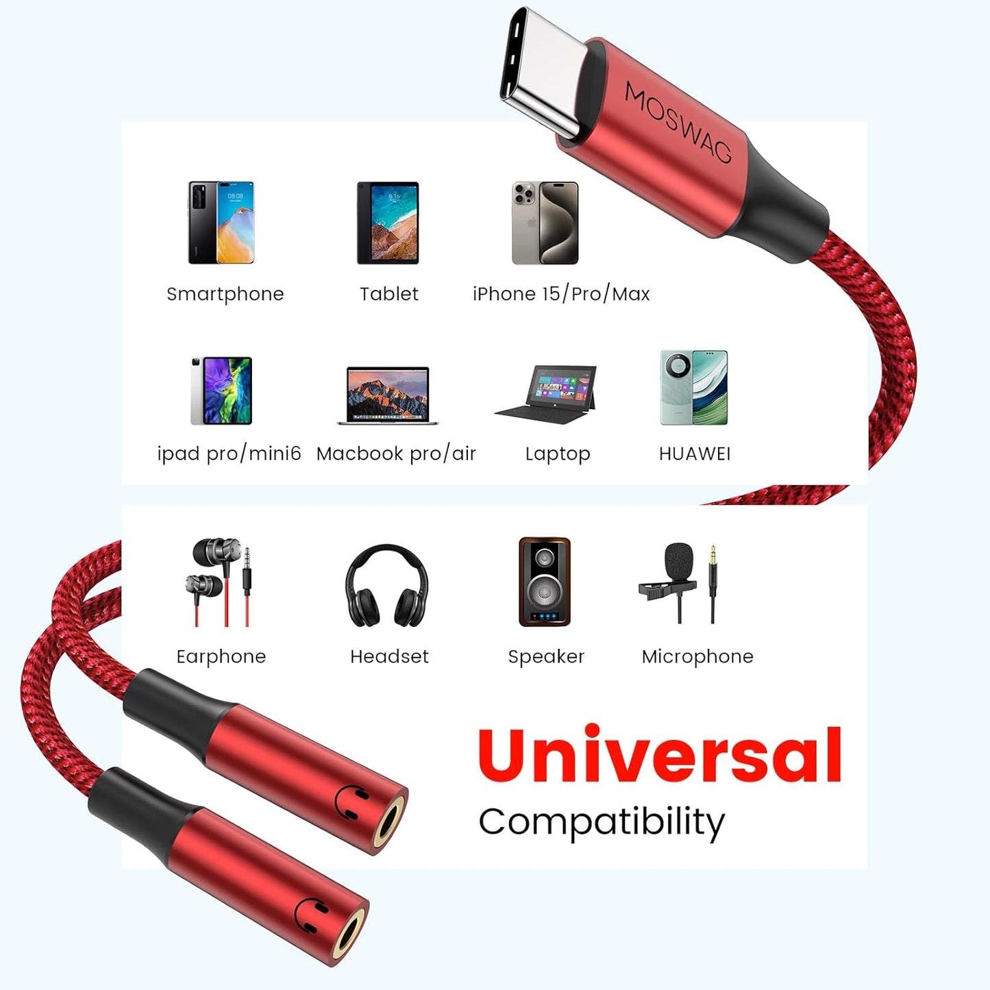MOSWAG Type C to Dual 3.5mm Aux Headphone Jack Adapter, Hi-Res 2 Way Audio Y Cable Cord Compatible with iPad Samsung S23 S22 Google Pixel 7 6 Pro 5
