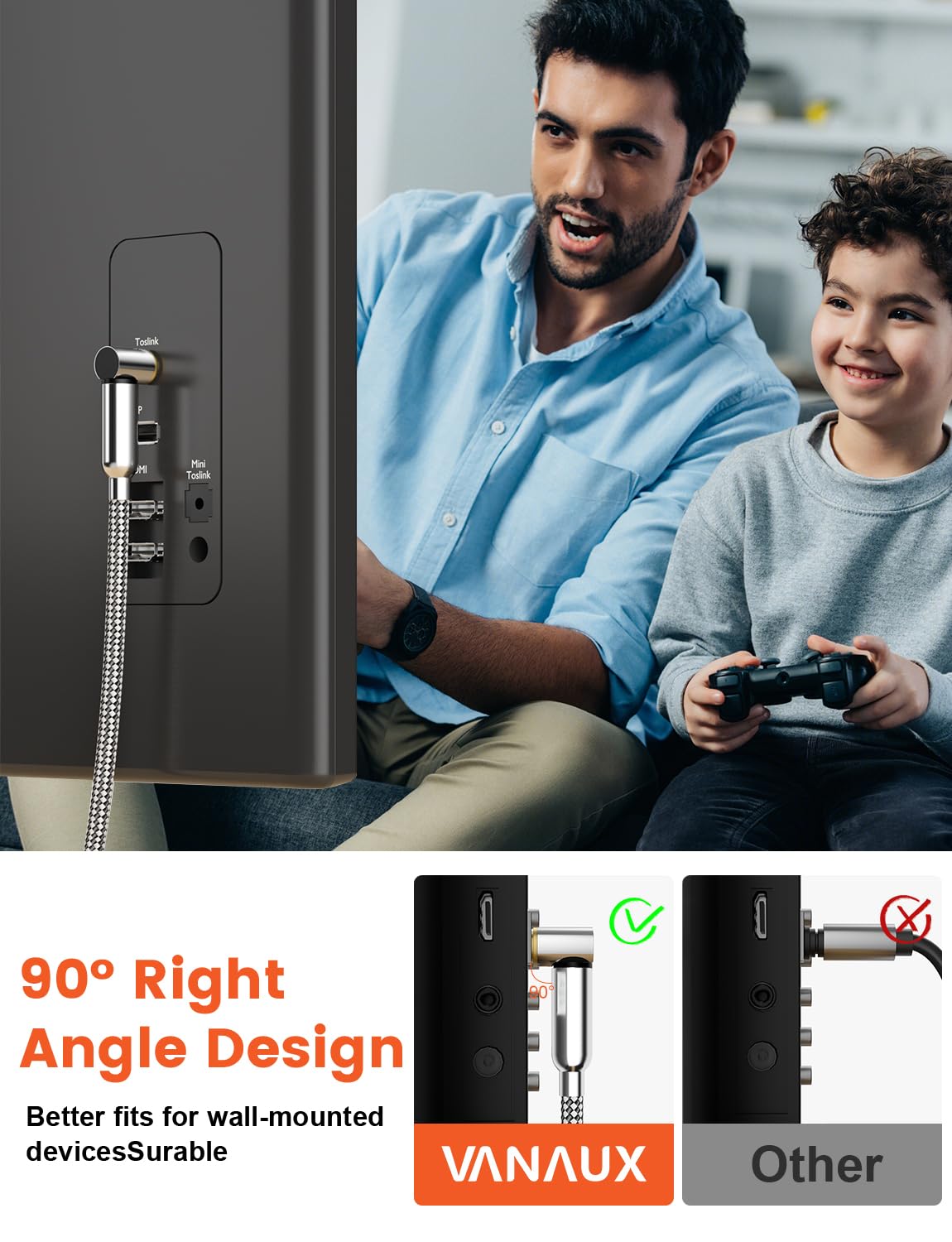 VANAUX 90-Degree Optical Audio Cable 3FT,Premium Fiber Optic Toslink Cable(24K Gold-Plated Connectors,Aluminum Alloy Shell,Braided Jacket)Ideal for Tight Spaces,Home Theater,Soundbars,Gaming Consoles