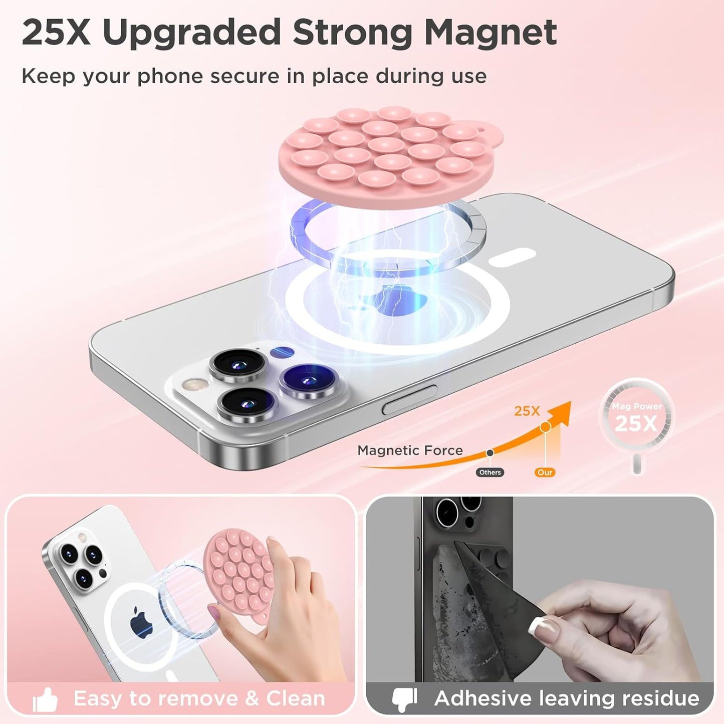 Magnetic Suction Cup Phone Mount for MagSafe Case, Silicone Hands-Free Grip Holder for iPhone and Android, Mirror Shower Phone Stand for Makeup FaceTime Gym Kitchen Bathroom, Peach Pink