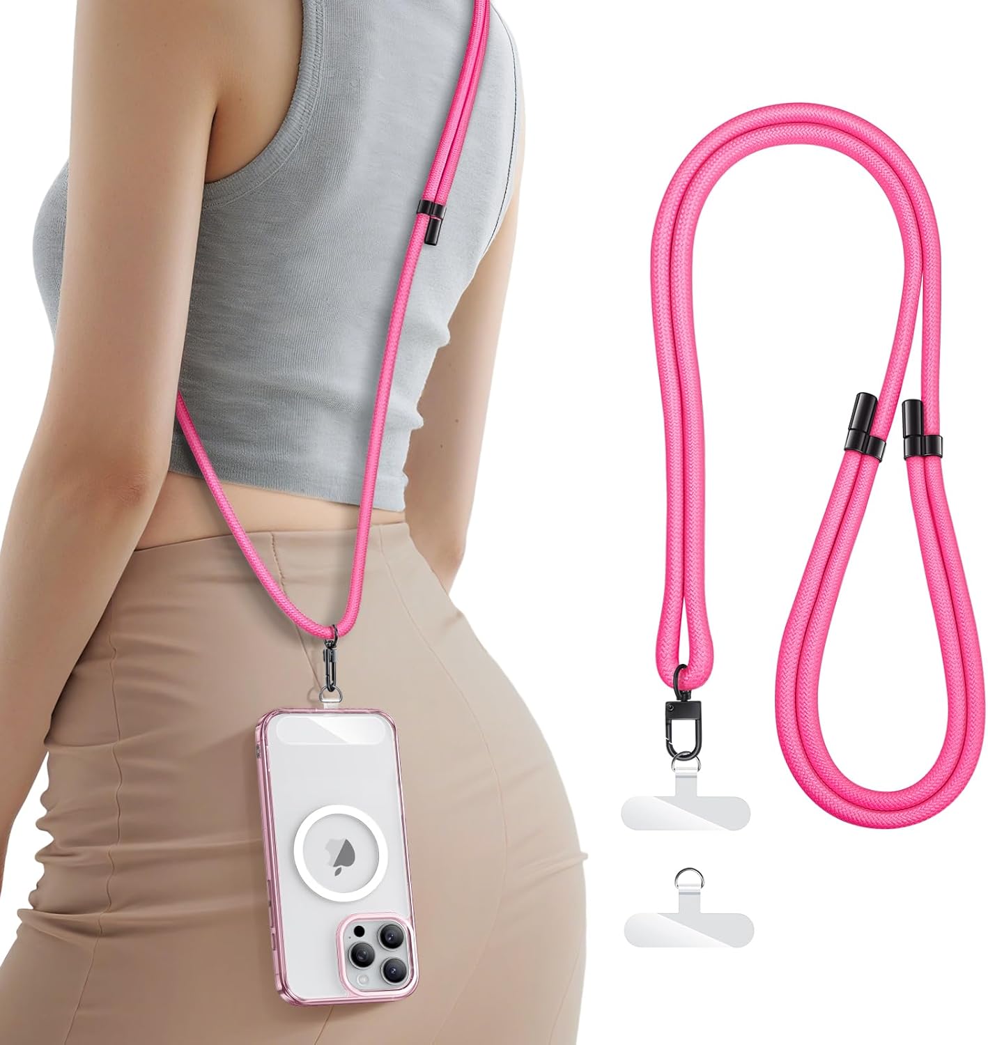 for Phone Lanyard Crossbody with 2X Phone Tabs, Sturdiness Comfortable Retractable Cellphone Lanyard, Secure Carabiner, Universal Neck Wrist Strap for Daily & Outdoor Activities, Pink