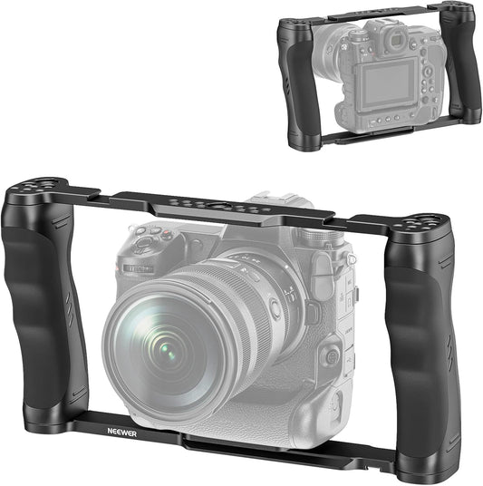 NEEWER Video Camera Cage Rig with Arca Type Base/Dual Grips/Expansion Holes/15mm Rods, Universal Stabilizer Compatible with Sony Canon Nikon DSLR/DSLM, Compatible with SmallRig Accessories, CA016