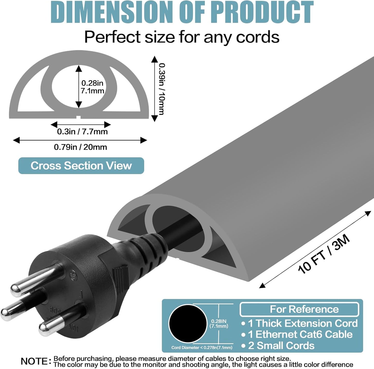 Floor Cord Cover Self Adhesive Cord Hider,10FT Cable Management, Extension Strip Protector for Wires, Prevent Cable Trips for Offices, Gyms, Exhibitions Cavity:0.3"(W) x 0.28"(H) Gray