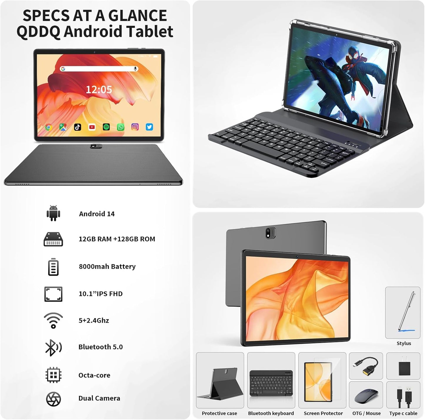 Android Tablet with Keyboard, Android 14 Tablet, 12(6+6) GB+128GB, 1TB Expand, 2 in 1, Mouse, Stylus, 8000mAh Battery, 2.4G/5G WiFi, GPS, Silver Case