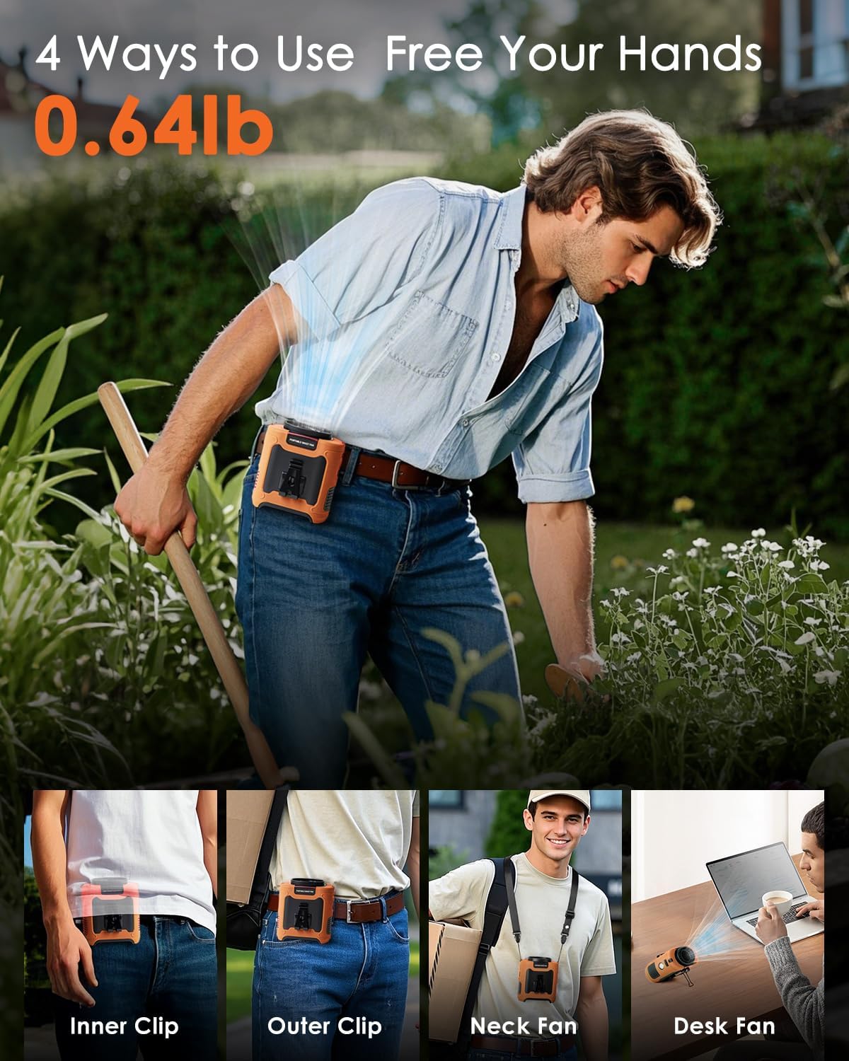 Portable Waist Fan Clip on, Personal Wearable Belt Fan 10000mAh Rechargeable Battery Under Shirt,5 Speeds with light, Neck Fan Hands-Free Cooling For Outdoor Camping Travel (Orange)