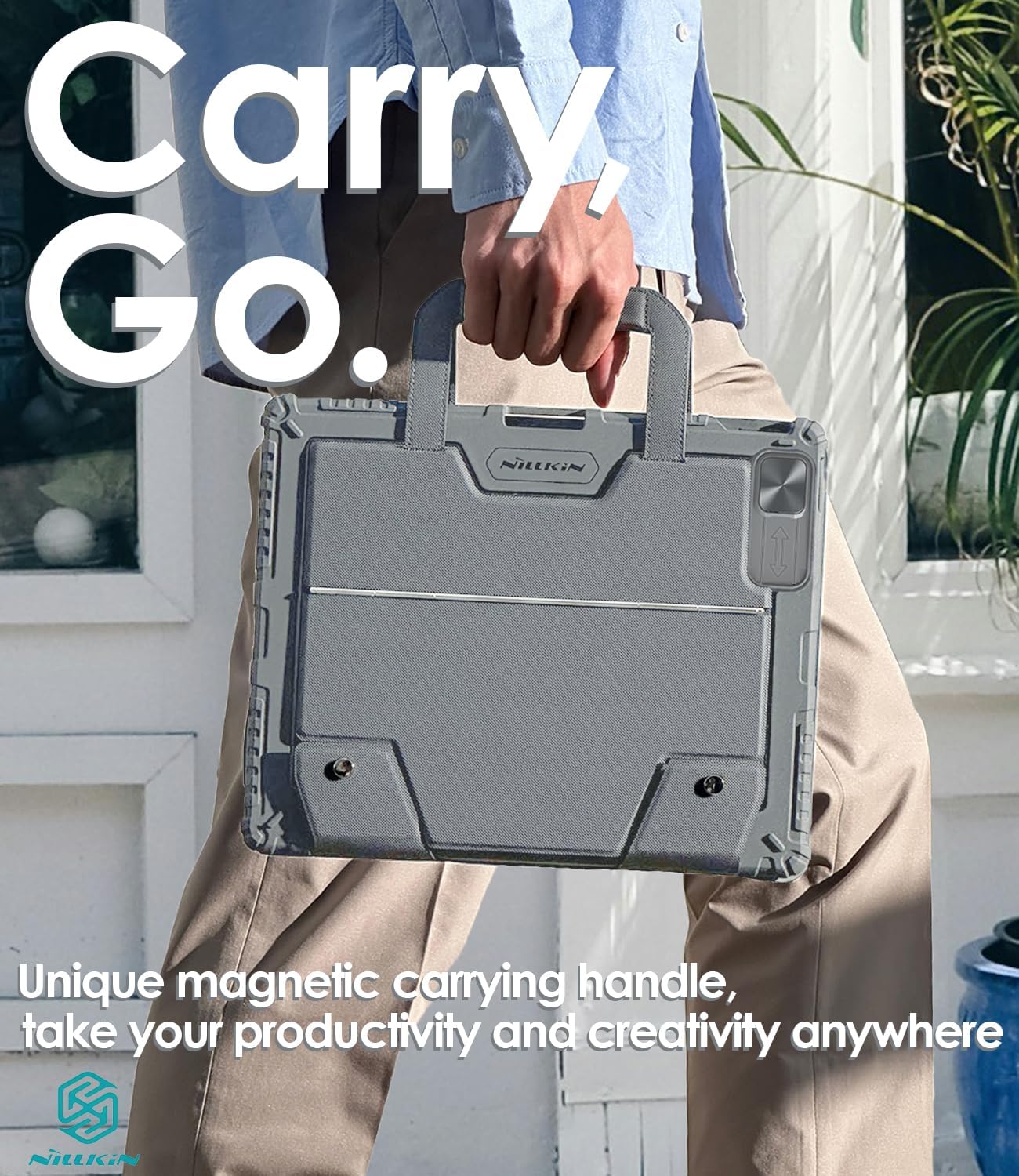 Nillkin Carry Go Keyboard Case for iPad Air 13 inch (M3/M2) with Handle, iPad Pro 12.9 (3rd/4th/5th/6th Gen) Rugged Case with Detachable Keyboard, Magic Trackpad, 7 Colors Backlit, Camera Cover, Gray