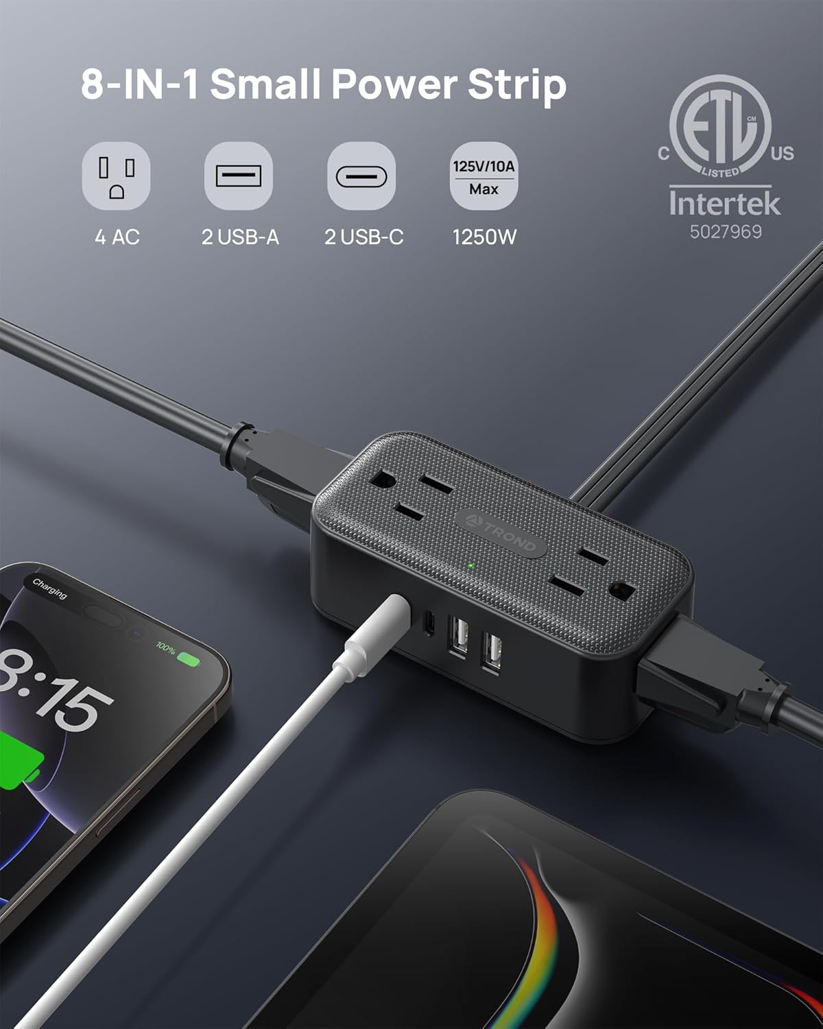 TROND 360° Rotating Flat Plug Power Strip, 10FT Extension Cord with 4 USB Ports, 4 Wide Spaced AC Outlets, Wall Mount, 900J Surge Protector for Office Travel Dorm Room Essentials, Black