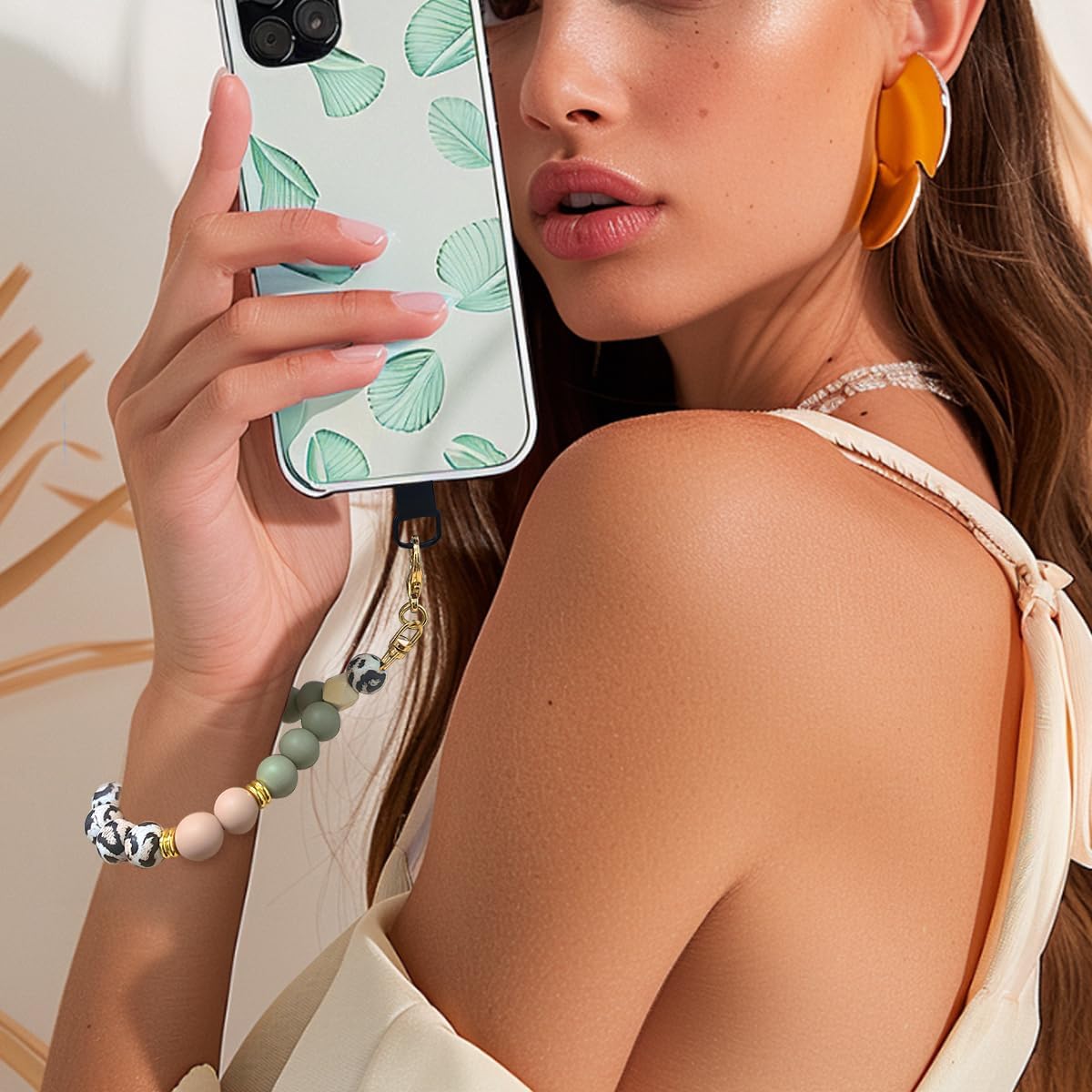 Marble Silicone Beaded Phone Wrist Strap, Cellphone Lanyard with Tether Tab, Elastic Hands-Free Wristlet Bracelet