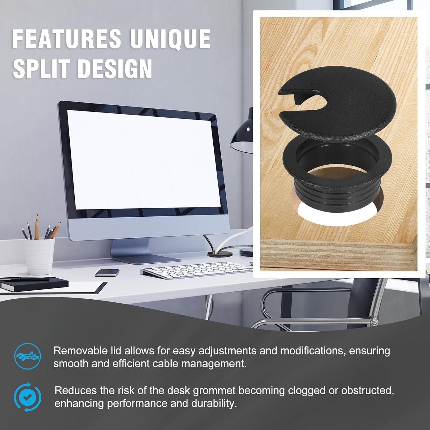 1-1/2" Black Desk Grommet, JTemgle Plastic Cable Hole Cover Computer Table Cord Wire Organizer Caps Desktop Cord Management for Home Office TV Stands Tabletops, 2 Pieces