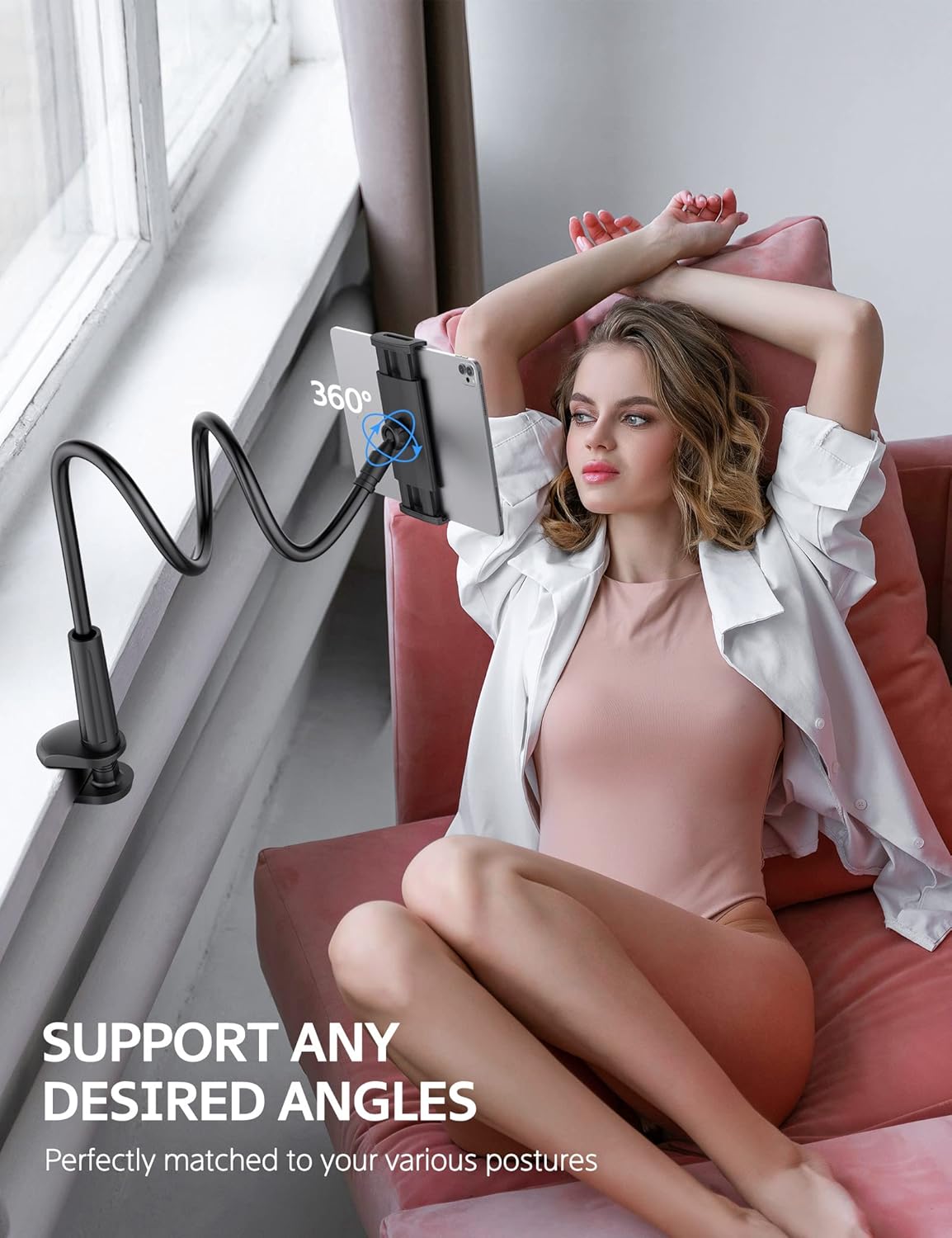 SHAWE Gooseneck Tablet Holder Phone Stand, Flexible Tablet Mount for Bed, 360 Adjustable Lazy Arm Holder Clamp Mount for iPad Air Pro mini, Samsung Galaxy Tabs, iPhone, Switch, 4.0~10.5" (Black)