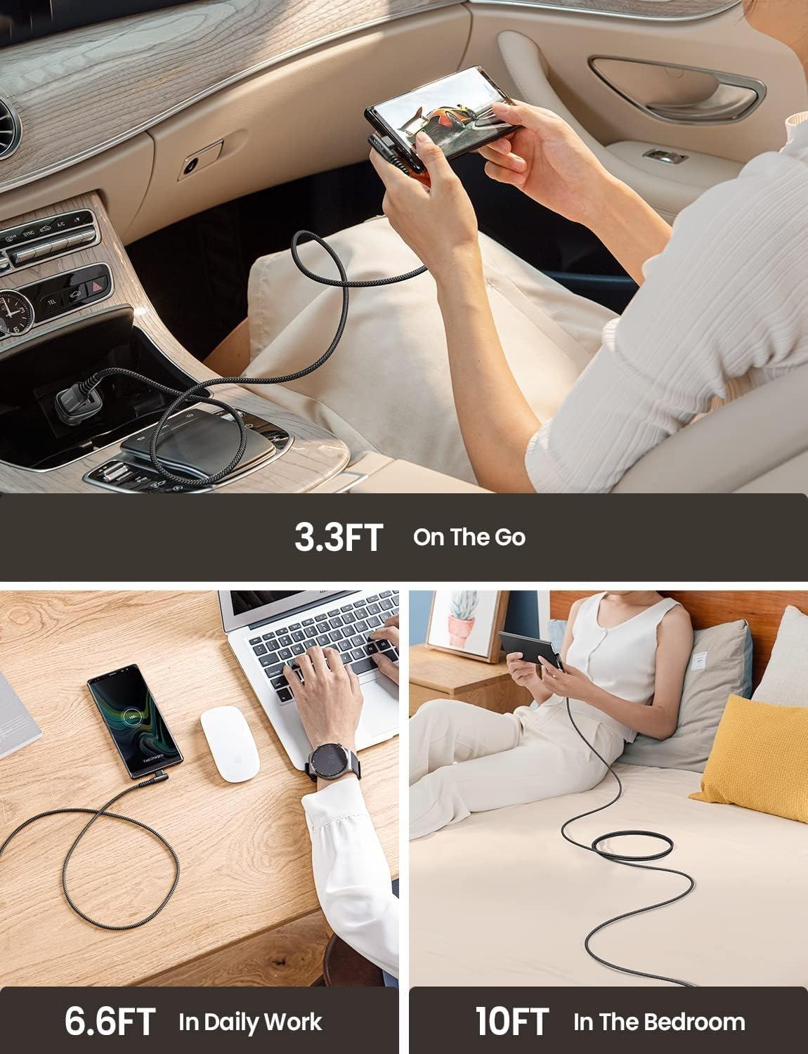 AINOPE Right Angle USB Type C Cable [3-Pack 3.3ft/6.6ft/10ft] 3.1A Fast Charging USB to USB C Cable, Nylon Braided USB C Charging Cable Compatible with Galaxy S21+ Ultra, iPad mini/Air/Pro, Pixel 6X