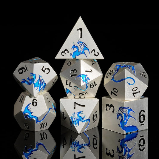 Metal DND Dice, HNCCESG Dragon Metallic D&D Dice Set 7 PCS for Dungeons and Dragon TTRPG Games, Polyhedral RPG Dice Set with Gift Box(Matte Silver Blue)