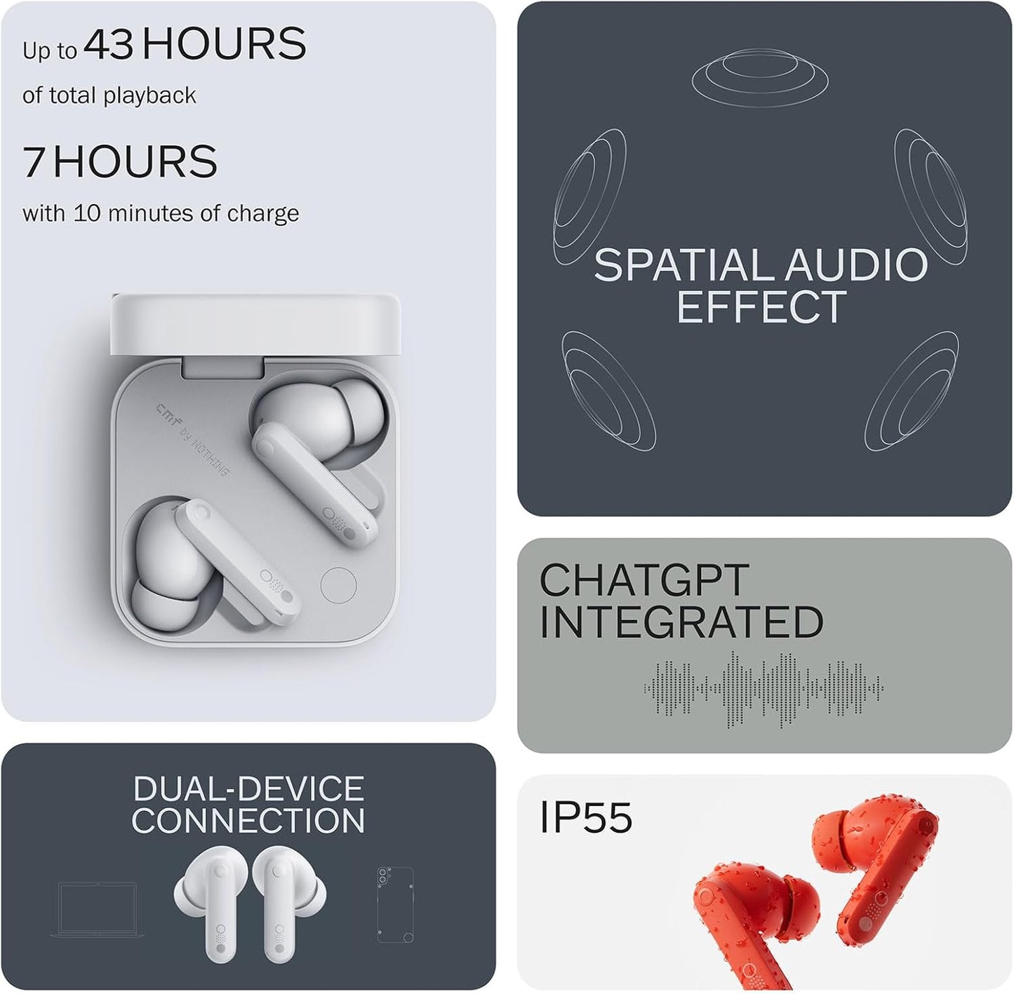 CMF Buds Pro 2 Wireless Earbuds, Hi-Res Audio with LDAC, 50 dB Hybrid Noise Cancelling Earbuds, Ultra Bass Technology, Bluetooth 5.3, 43H Play Time with Charging Case, 6 HD Mics Headphones, Light Grey