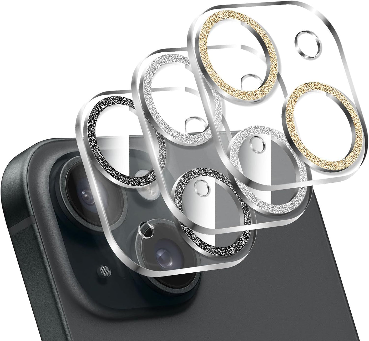 LucBuy 3PCS Sparkling Camera Lens Protector for iPhone 11, Full Clear Acrylic Cover with Shiny Colorful Glitter Designed Decoration Back Camera Protector