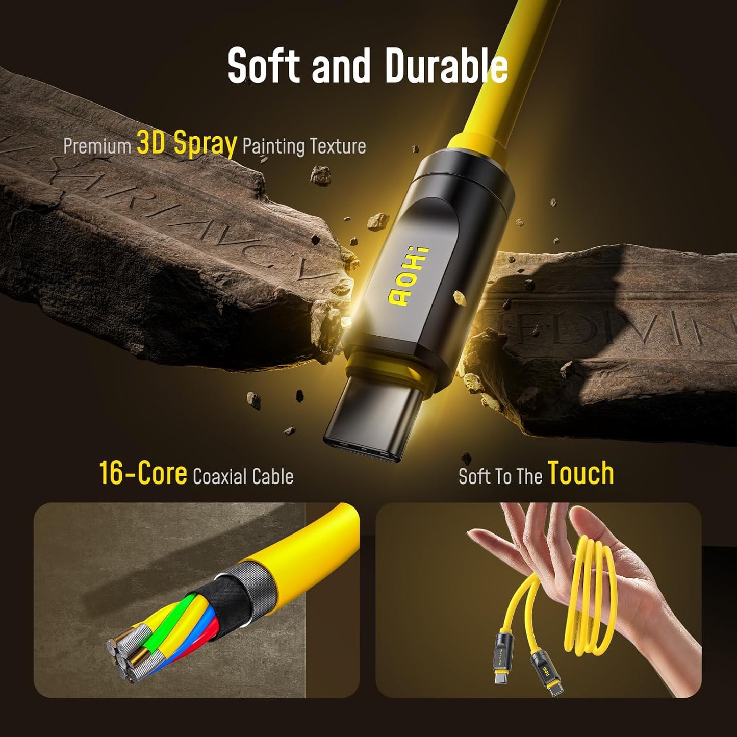 AOHI USB4 2.0 Cable 6.6ft with 240W PD3.1 Fast Charging, 80Gbps Data Transfer, Dual 8K/Triple 4K Display, The Future Adonis USB C Cable for MacBook Pro/Air, iPhone 16 Pro Max, SSD, Docking, Yellow