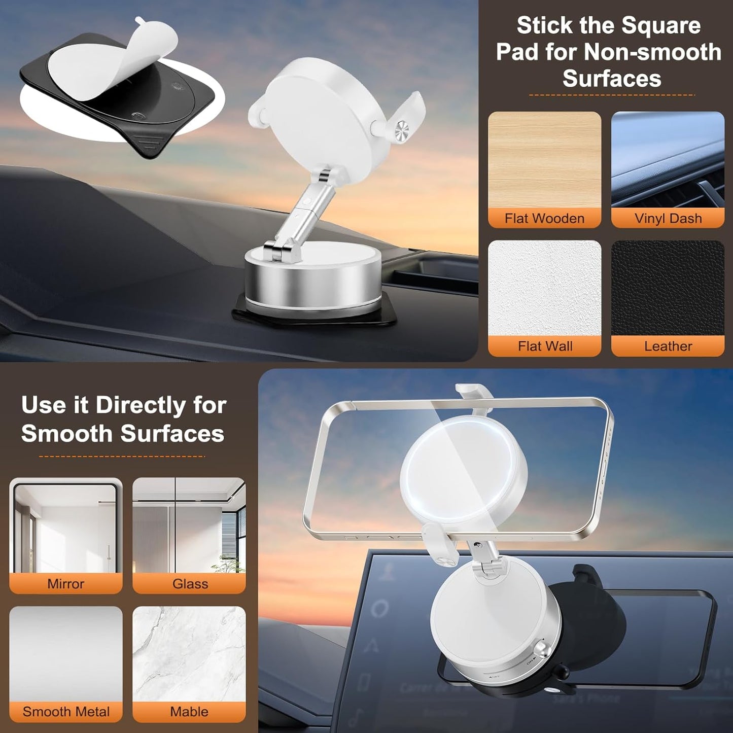 OOCC Magnetic Phone Holders for Your Car, 360°Rotating Adjustable Magsafe Car Phone Mount, Foldable Vacuum Magnetic Car Phone Holder for All Smartphones & All Car Models, White