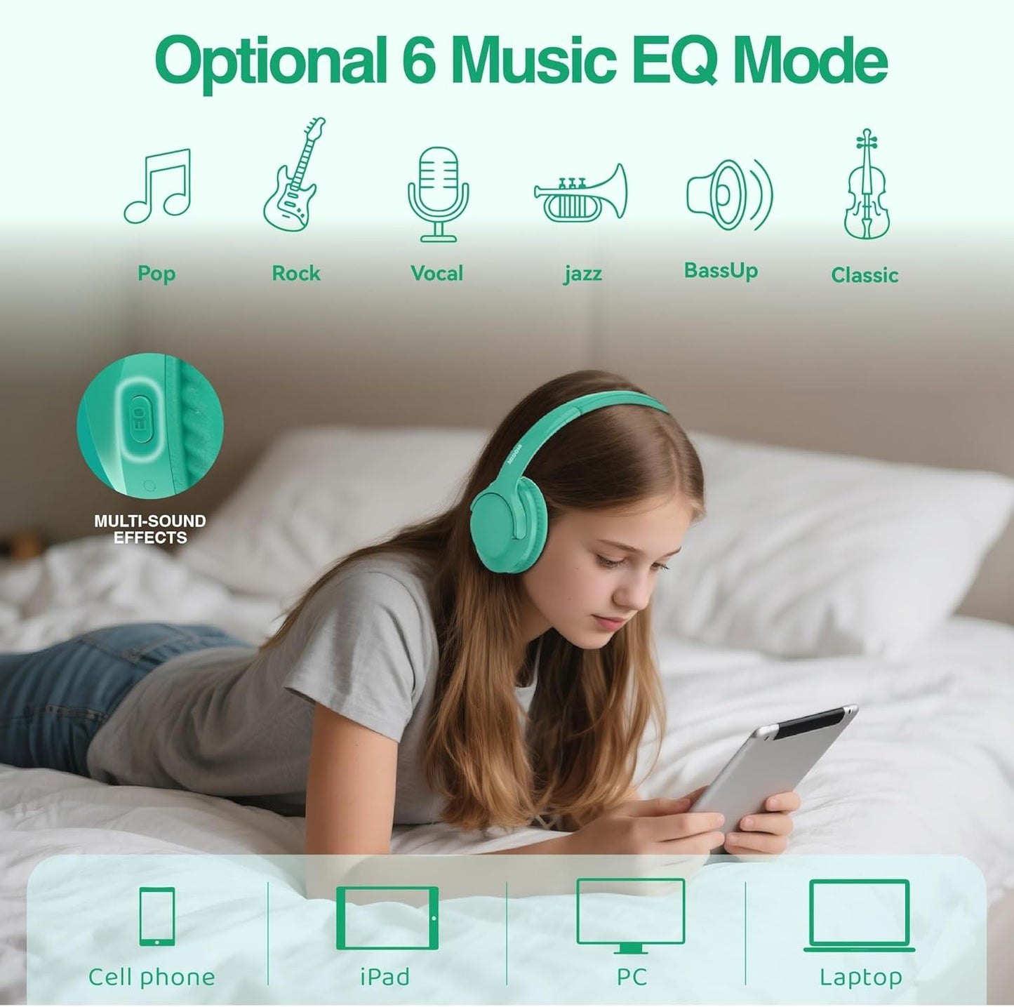 MIDOLA Bluetooth Headphones Over Ear 68H Playtime 6 EQ Wireless Headset with Microphone HiFi Stereo Foldable Lightweight Deep Bass for Travel Home Office Cellphone Cyan