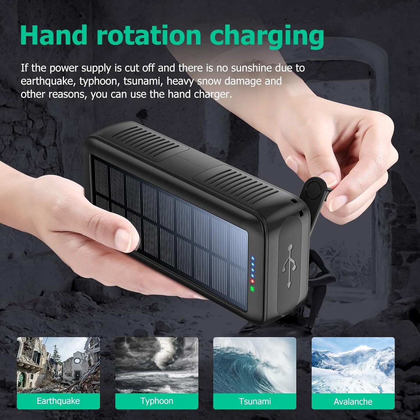 Solar Charger Power Bank 63200mAh, Portable Charger with Dual Outputs & Dual Inputs 4 LEDs Flashlight, Hand Crank Power Bank Fast Charging Battery Pack for Outdoor Camping Survival Gear (gray)