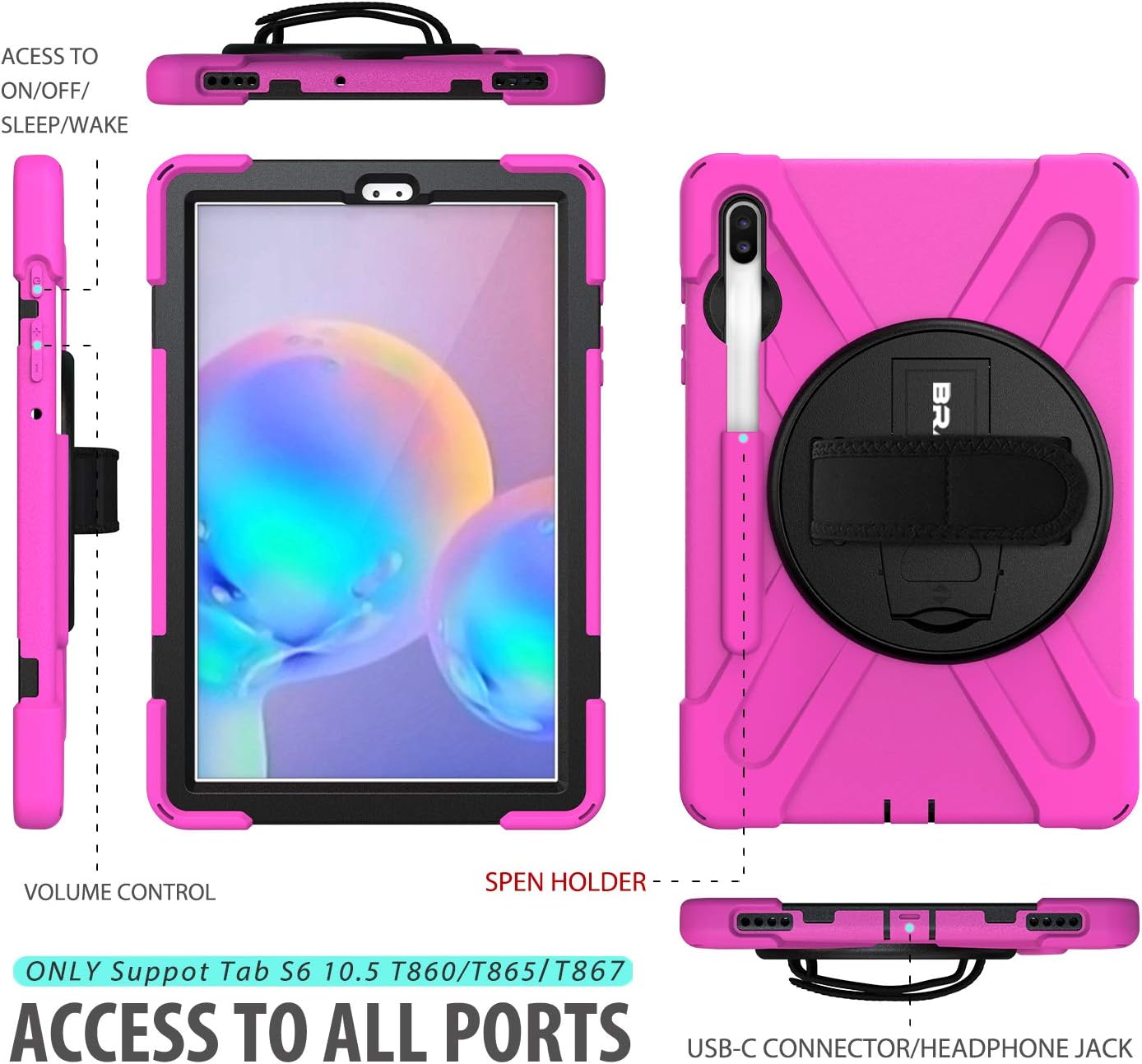 BRAECN for Galaxy Tab S6 10.5 2019 Case T860,Heavy Duty Shockproof Rugged Case with Hand Strap/360 Rotating Stand and Shoulder Strap for Samsung Tab S6 SM-T860/T865/T867 2019 (Rose Red)