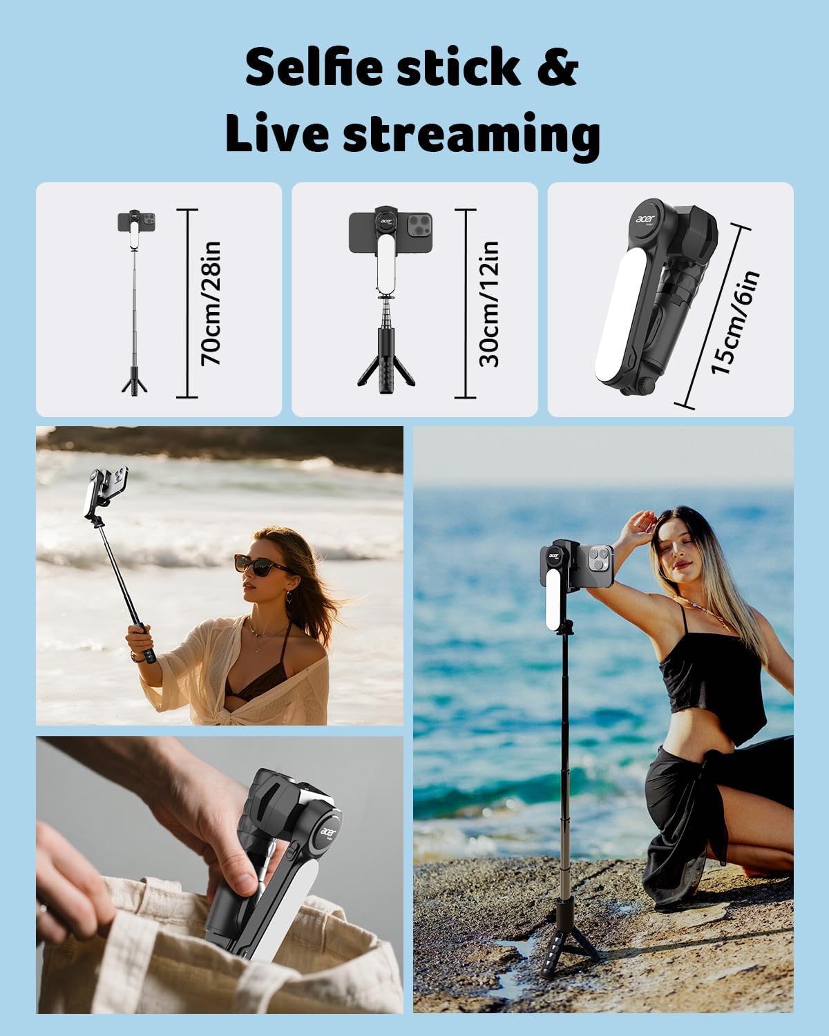acer Gimbal Stabilizer 1-Axis for iPhone/Cell Phone/Smartphone/Android with Remote Control, Portable Phone Tripod Auto Balance Handheld Selfie Stick for Video Recording, Vlogging, Live Streaming
