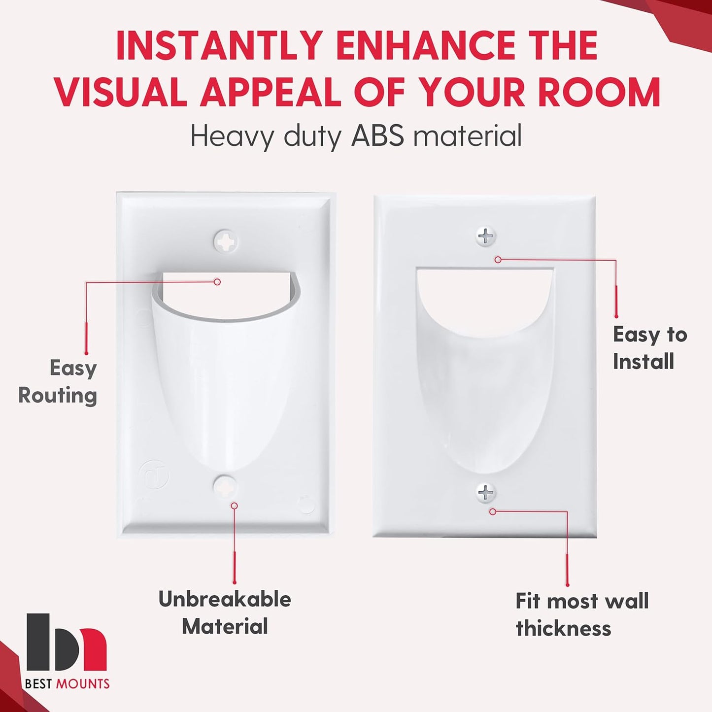 2 Pack Wall Plate Cable Pass Through with Bracket - In Wall Cable Management Kit - Recessed Cable Wall Plate Pair with Single Gang Low Voltage Mounting Bracket - Decorator Cover for Low Voltage Cables
