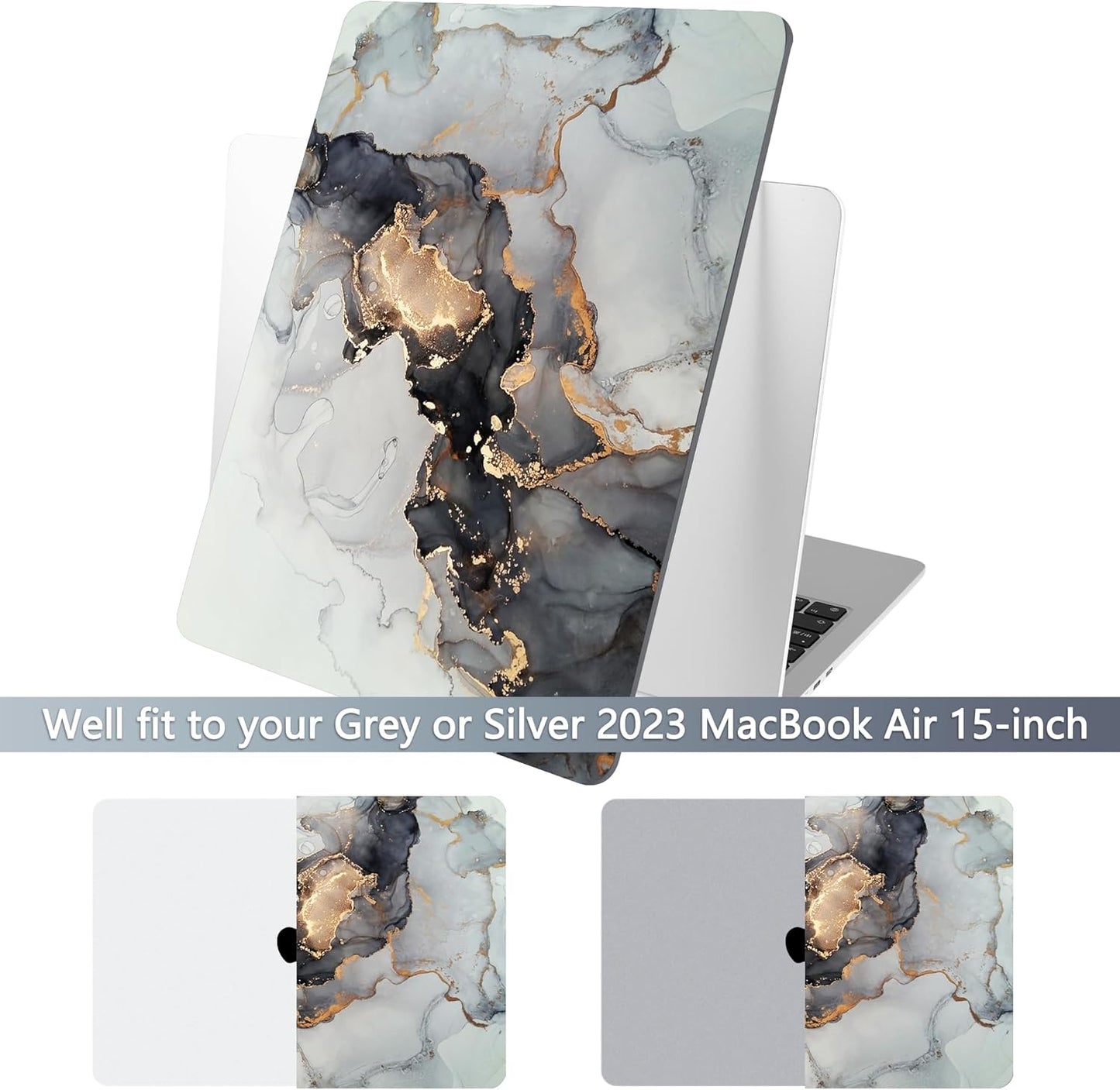 Batianda Premium Case for New MacBook Air 15 inch 2025 M4 2024 2023 with M3 M2 Chip Model A3114 A2941, Designed Protective Plastic Hardshell & Keyboard Cover & Screen Protector, Gold Fluid Art