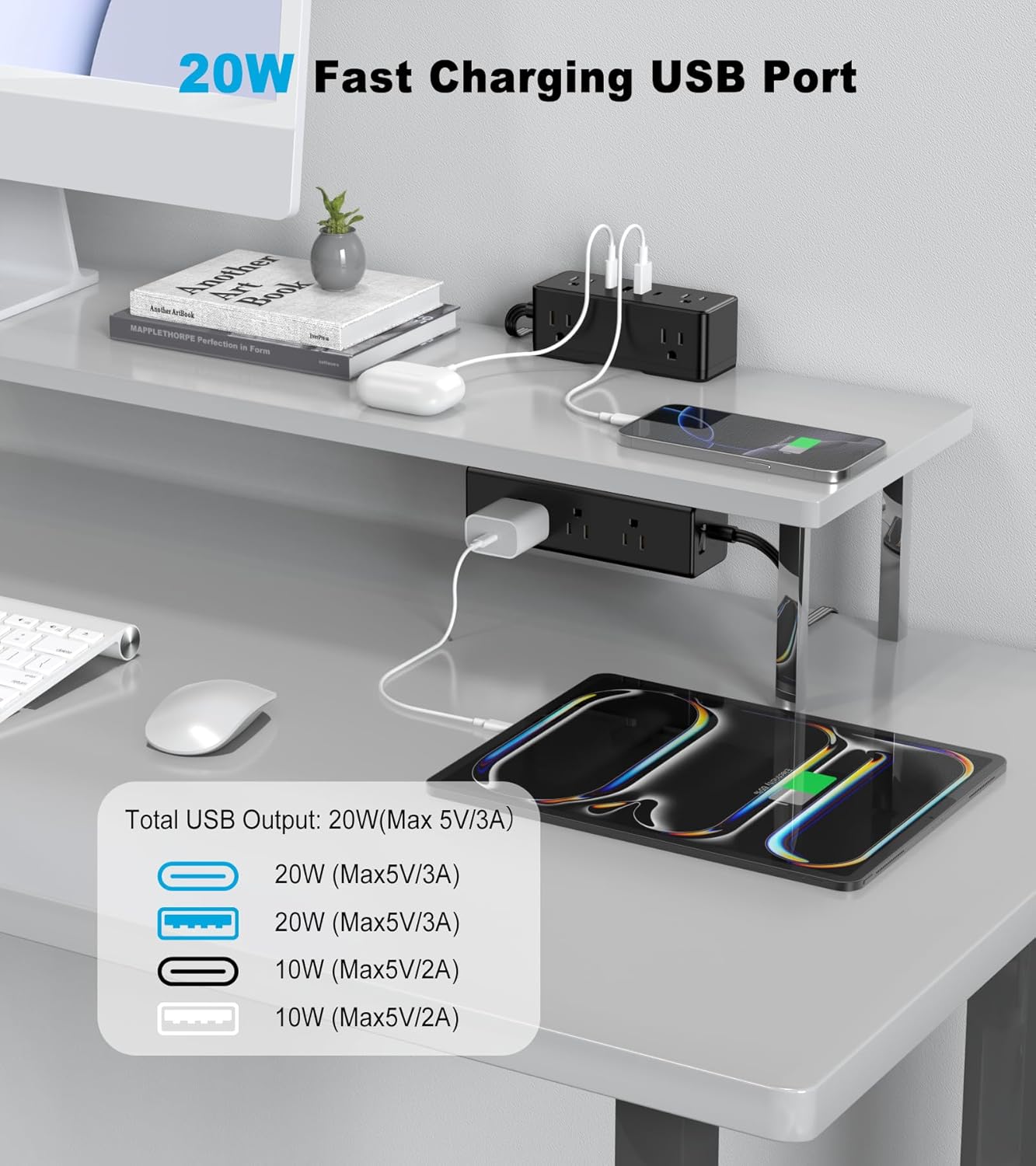 Dual Layer Desk Clamp Power Strip, 19 in 1 Desktop Edge Mount Surge Protector with 4 USB Ports(2 USB-C) & 15 AC Outlets, Ultra Thin Flat Plug & 15FT Power Cord for Office Home(ETL Listed)