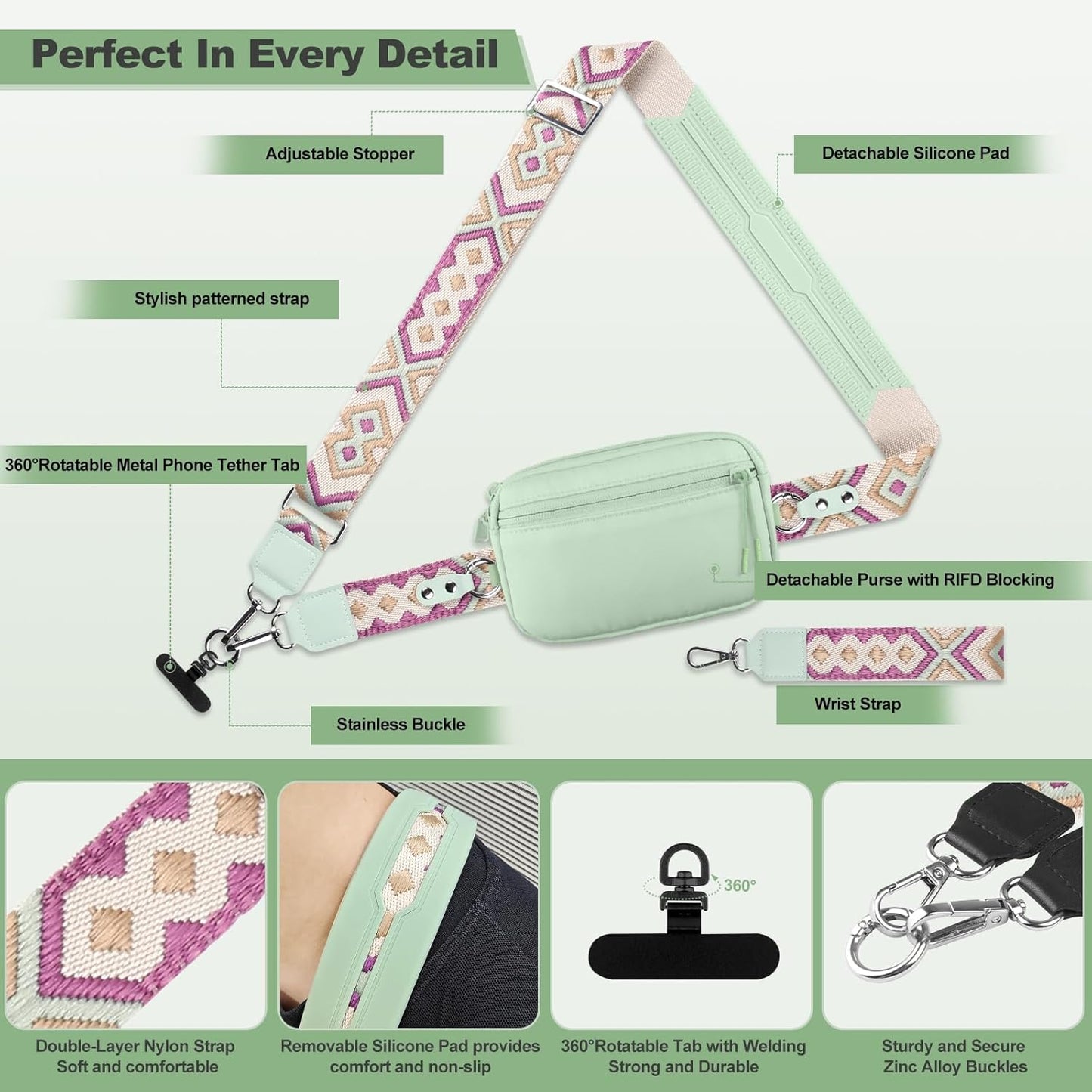 Clip and Go Strap for Phone with Wallet Crossbody, Adjustable Phone Lanyard with Detachable RFID Wristlet Wallet, Pattern Strap, Green (M)