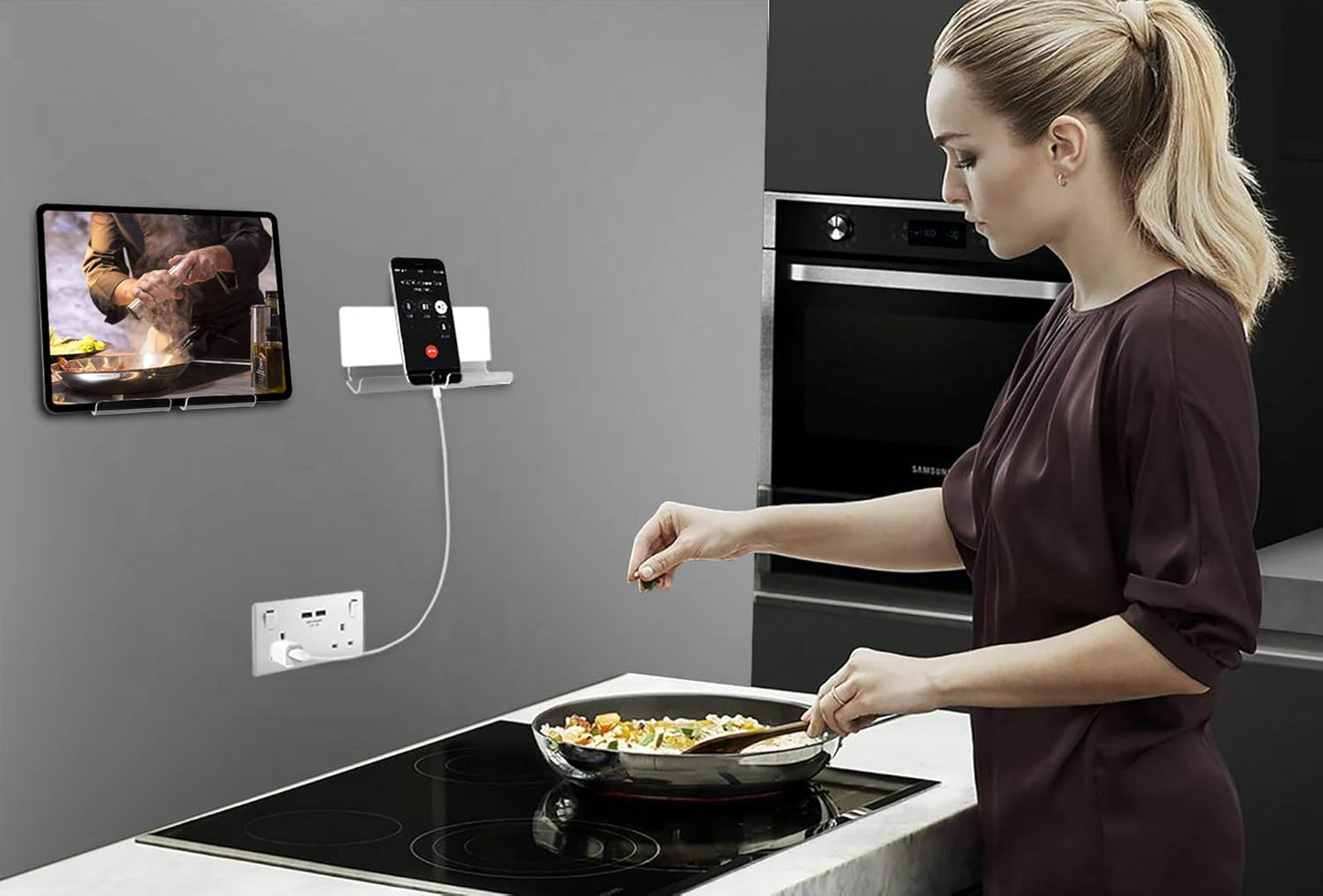 TXEsign Adhesive Wall Phone Tablet Holder Mount Stand for Tablet Smartphones eReader Wall Holder Mount (Silky White & Transparent)